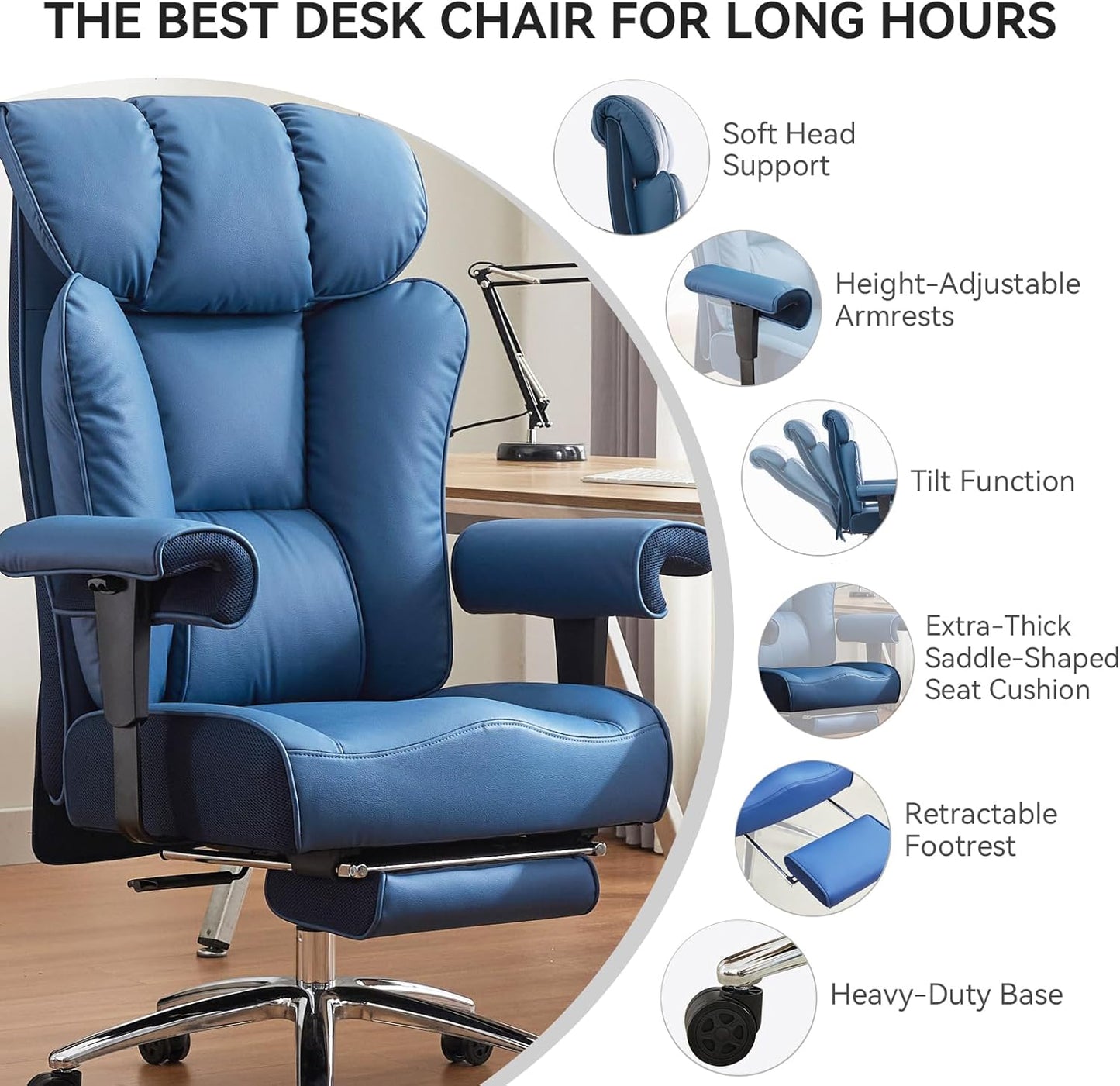 Efomao Ergonomic Office Chair 450LBS with Foot Rest, High Back PU Leather Big and Tall Executive Chair with Adjustable Padded Armrests, Lumbar Support for Home or Work, Heavy Duty Computer Chair, Blue
