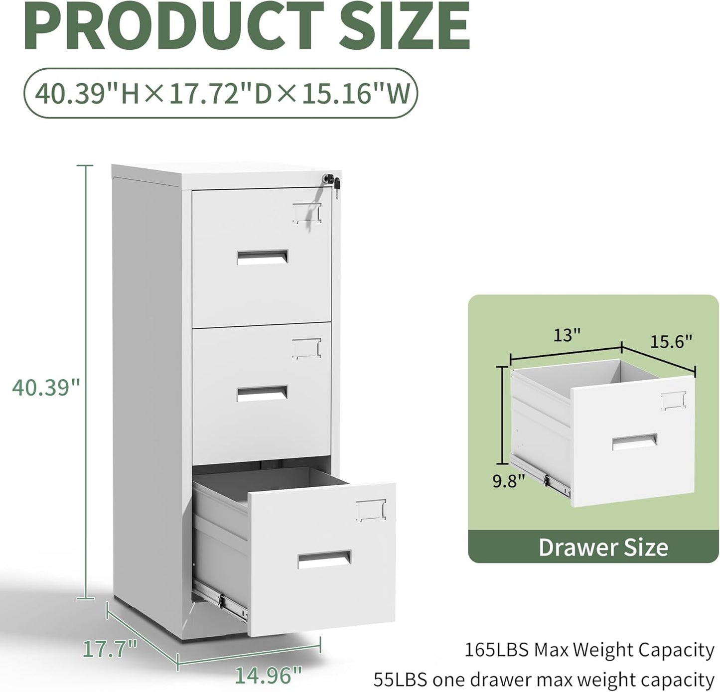 3-Drawer Locking Vertical File Cabinet, Metal Storage Cabinet for Office/Home – Secure Vertical Filing for Letter/Legal/A4/F4 Documents, Easy to Assemble Steel Cabinet (White, 3 Drawer-15W)