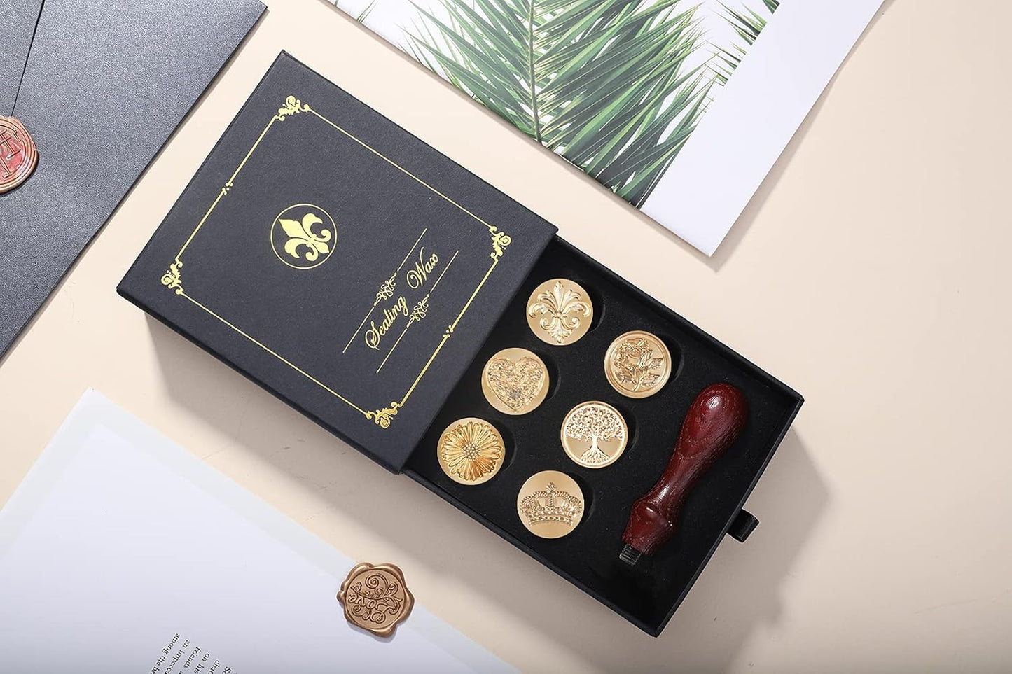 Wax Seal Stamp Gift Box Set, 6 Pcs Sealing Wax Stamps Copper Seals 1 Wooden Hilt, Wax Stamp Kit for Cards Envelopes, Gift Packaging (Nostalgic Classic Series)