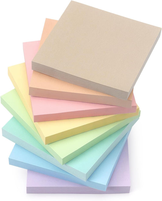 Sticky Notes 3x3inch, 8 Pads Self-Stick Notes, 8 Pastel Multi Colors with Gray Note Pads, Suitable for School, Home, Office, 80 Sheets/Pad