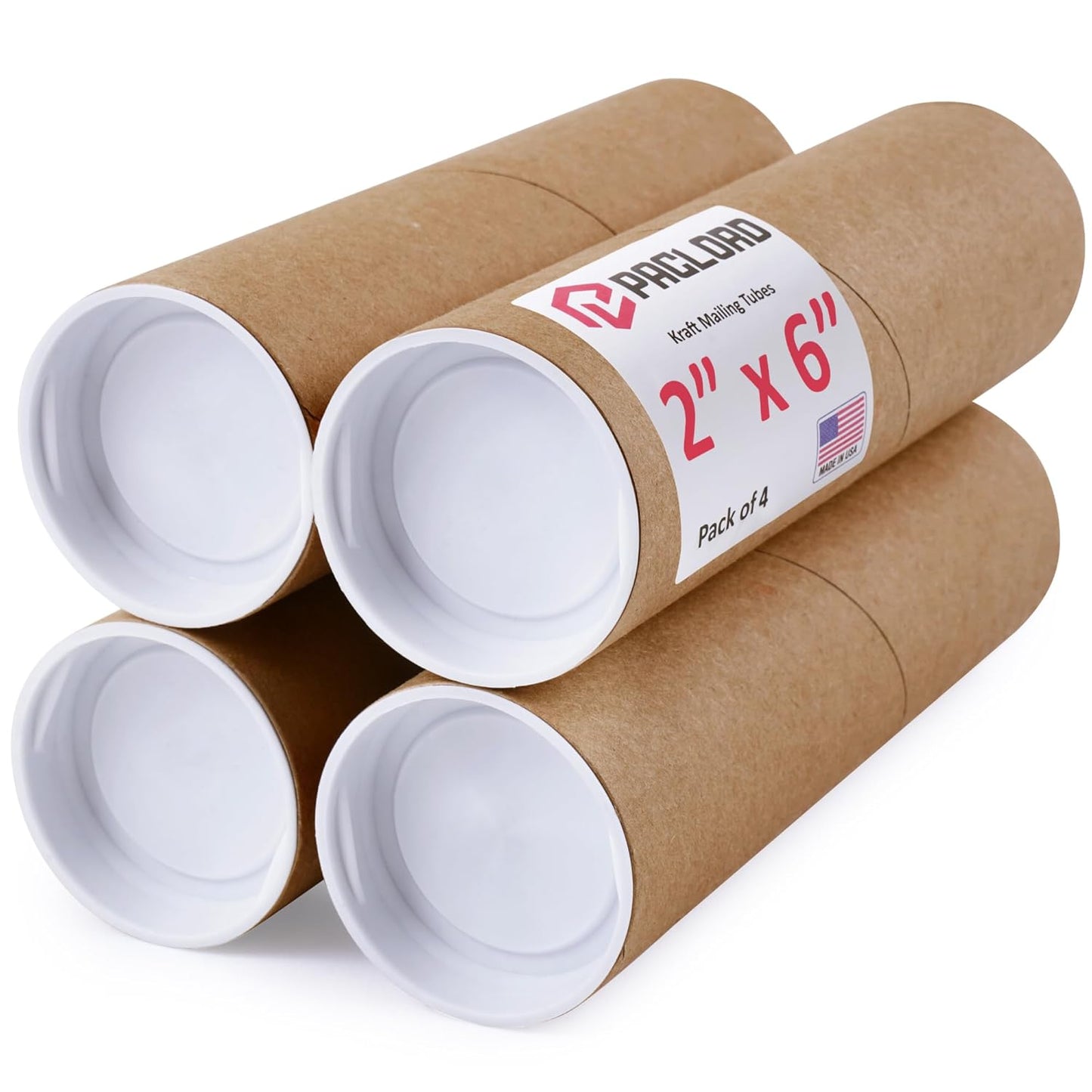 2" x 6" Reinforced Kraft Paper Mailing Tubes, Pack of 4 Tubes with 2 Caps Each – USPS Approved Poster Tube – Made in USA Cardboard Tube for Shipping and Storing Posters, Prints, Artwork, or Documents