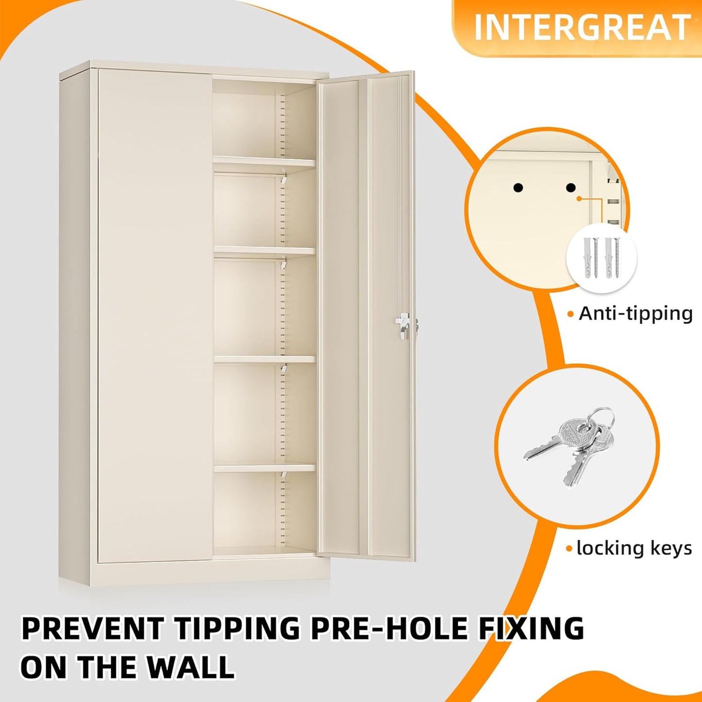 INTERGREAT Metal Storage Cabinet with Lock,72 Tall Armoire Wardrobe Closet with Doors,Cream Grey Storage Closet Cabinet with Adjustable Shelves and Removable Hanging Rods