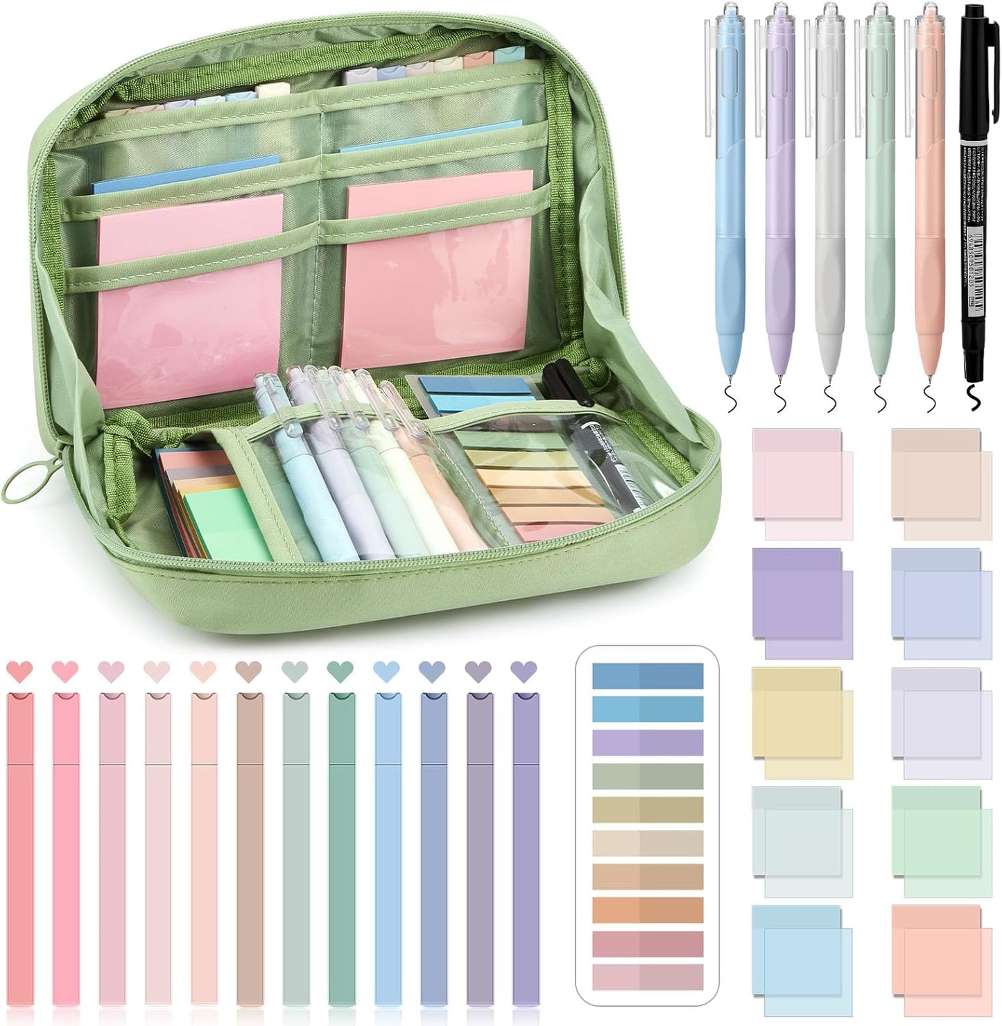 Jutom 39 Pcs Aesthetic Book Annotation Kit Highlighter with Pencil Case Bag Gel Pen Transparent Sticky Note Taking Bible Study College School Supplies(Green,Kawaii Style)