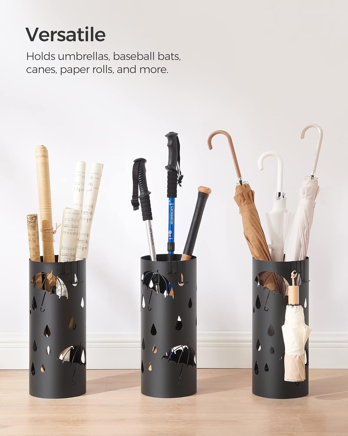 SONGMICS Umbrella Stand, Metal Umbrella Holder for Entryway, with Water Tray and 4 Hooks, 6.7 x 6.7 x 16.1 Inches, Round, Ink Black ULUC024B01