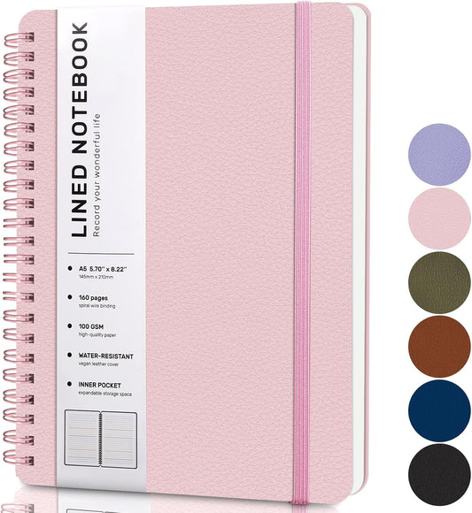 Lined Spiral Journal Notebook, A5 Hardcover Leather Notebook for Work, 5.7''×8.2'', 100GSM Thick Paper Spiral Bound Journaling Notebooks for Women & Men Office School Note Taking Business, Pink