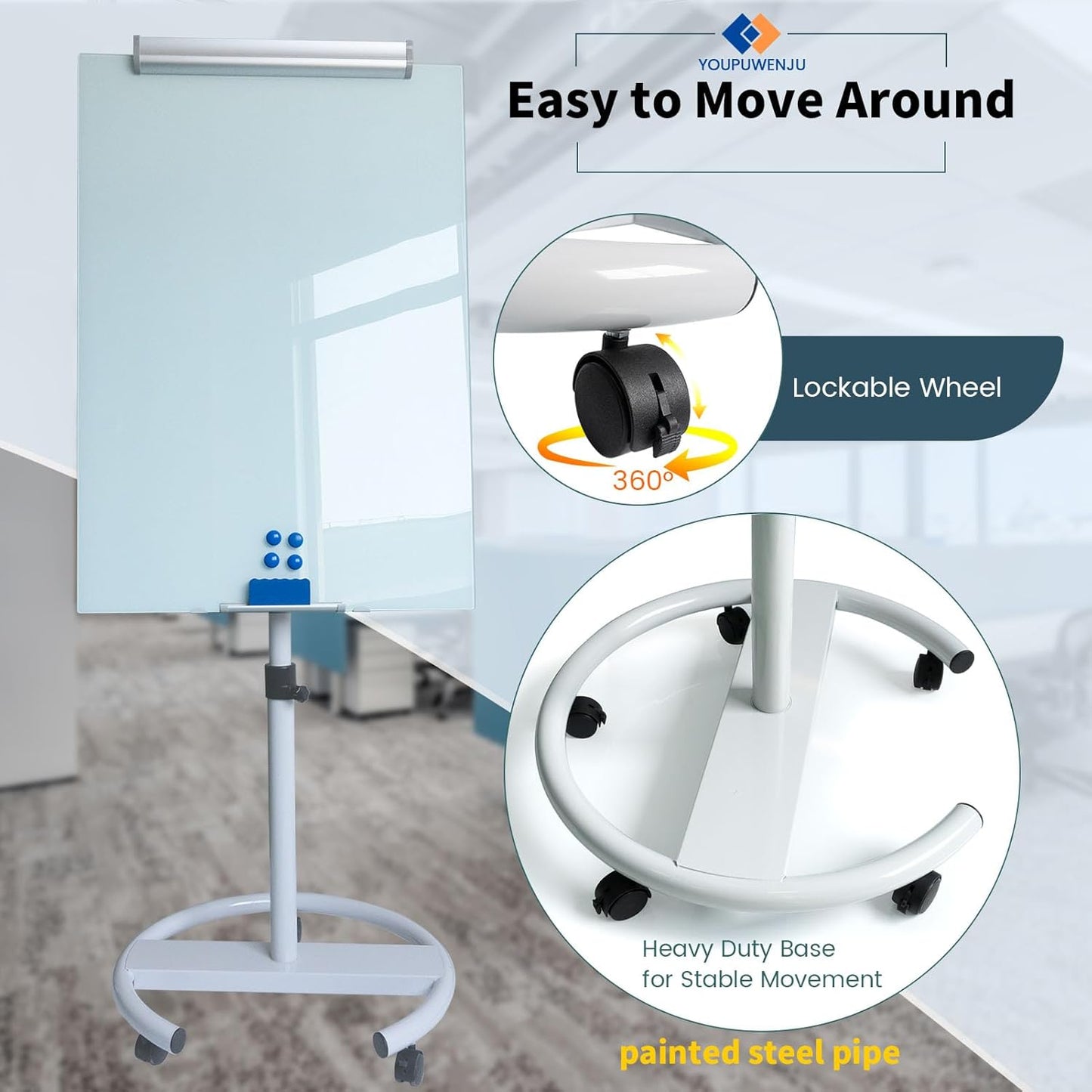 Rolling Writeboard Premium Tempered Magnetic Glass Whiteboard 40"x28" Rolling Dry Erase Board with Tempered Glass Surface Adjustable Height Multi-Use Standing (White)