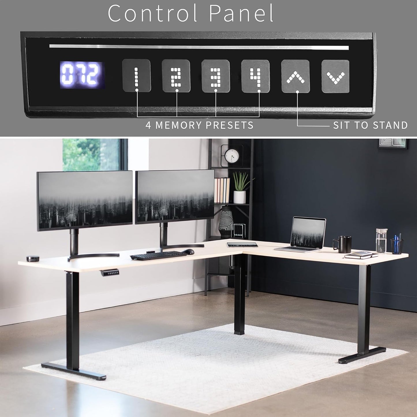 VIVO Electric Corner L-Shaped 84 x 63 in Standing Desk, Memory Height Adjustment, Light Wood Top Black Frame, DESK-E3CTBC-84