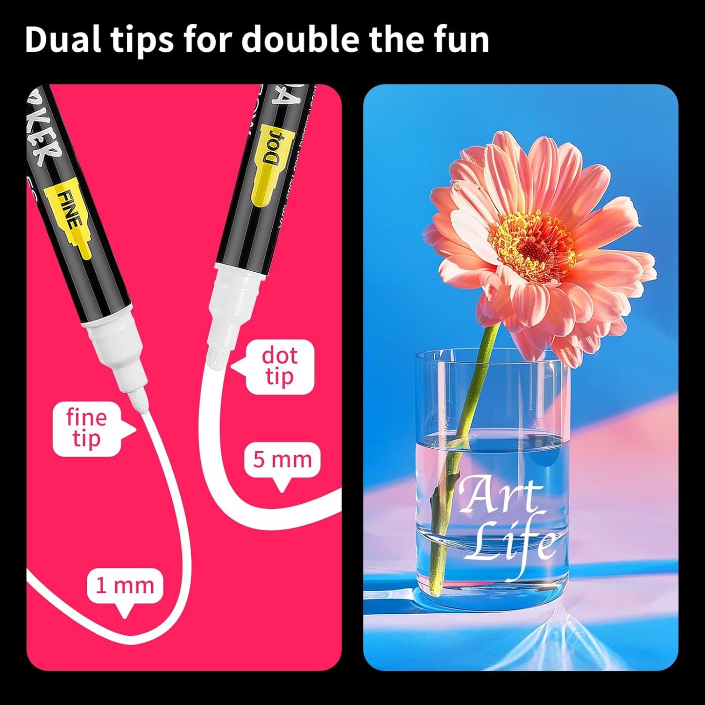 NAWOD 6 White Acrylic Paint Pens - Dual Tip (Fine 1mm + Dot 5mm) Permanent Markers for Rock, Fabric, Canvas, Ceramic, Glass, Wood, Paper, Labeling, Drawing, DIY Crafts