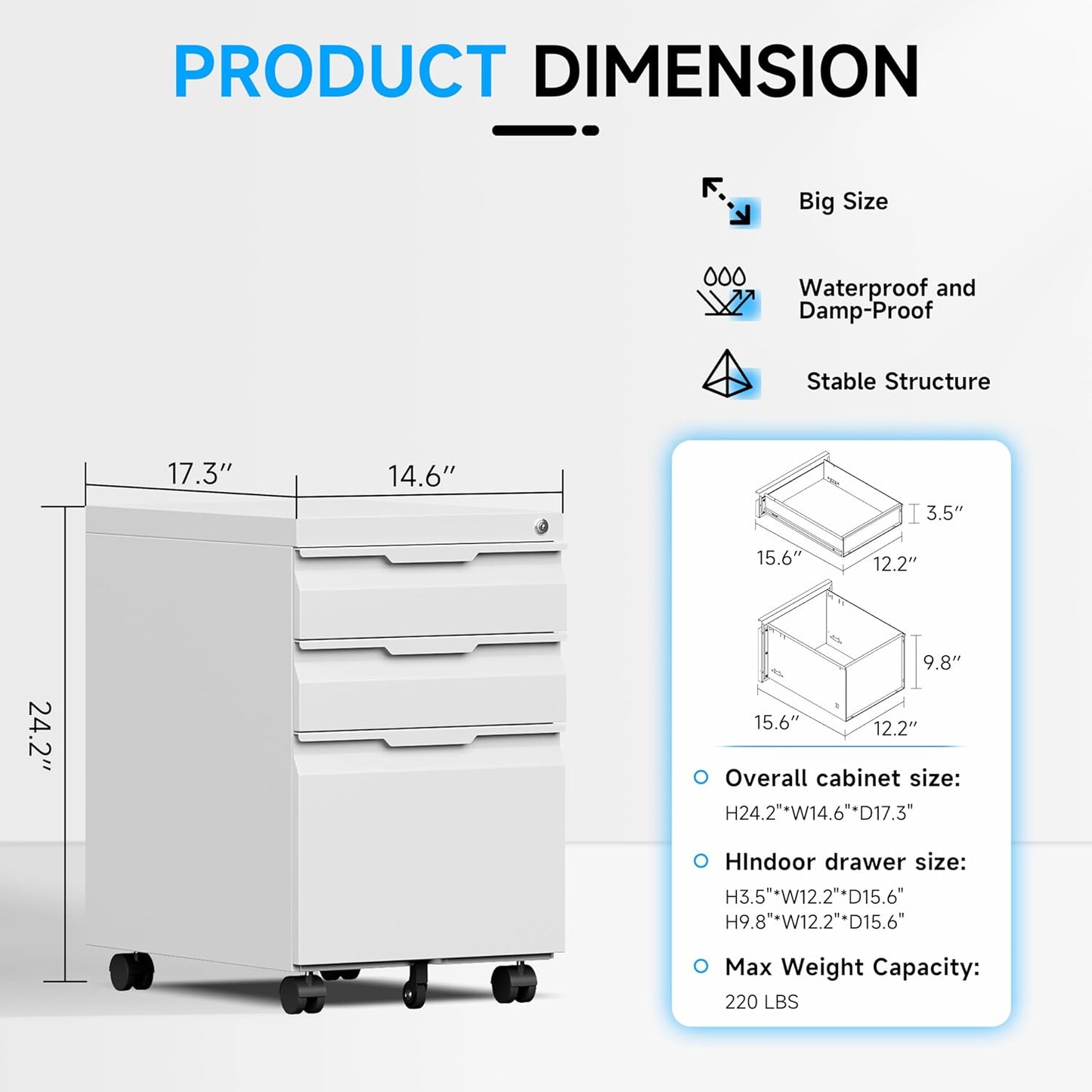 Bestoo 3 Drawer Mobile File Cabinet, Metal Filing Cabinets with Lock Wheels Under Desk, Lockable Rolling File Cabinet for Home Office, Fit Letter/Legal/A4 Size (White)