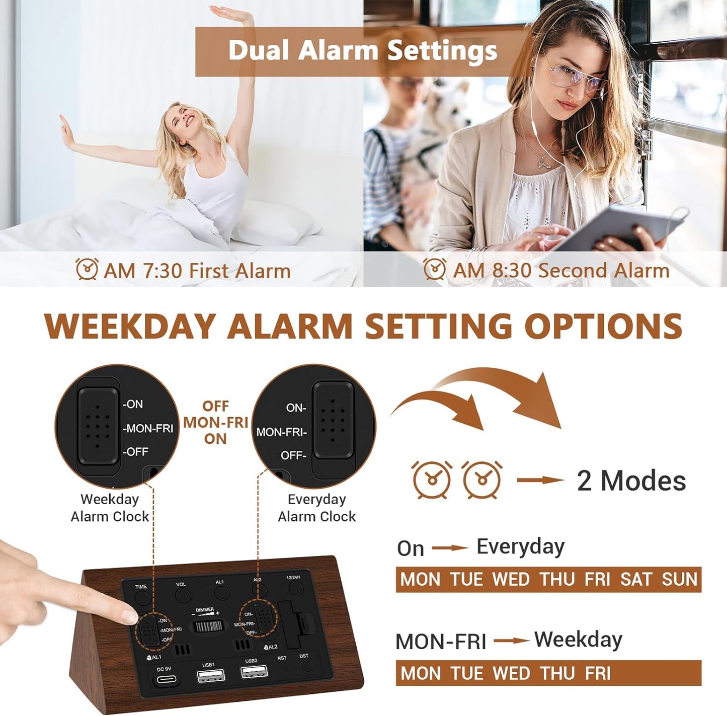 Kogonee Wooden Digital Alarm Clock, 0-100% Dimmer, 2 Alarm Settings, Weekday/Everyday Mode, 9 Mins Snooze, 12/24H, Temperature and Date Display for Office, Travel, Bedroom Alarm Clock (Brown)