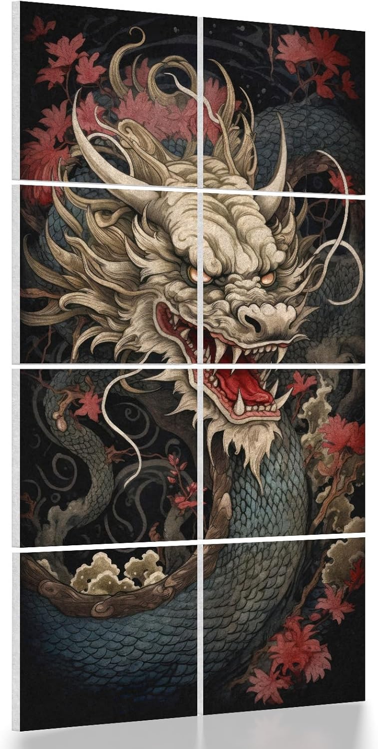 UMIACOUSTICS 8 Pcs 0.7Inch Thick Art Acoustic Panels, Total 47.2” x 23.6” Decorative Sound Absorbing Wall Panels for Home, Office, Hotel, Dragon-pattern-Painting