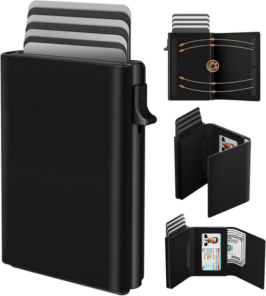 Mens Wallet Card Holder - Pop Up Aluminum Case, Premium Flexible Microfiber Leather, Smart Wallet for Men, RFID Blocking, Slim, Minimalist, Front Pocket - 9-14 Card Capacity | ID Window | Cash Slot