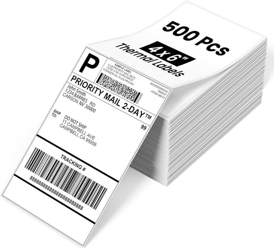 Phomemo 4x6 Shipping Labels, 500 PCS Fan-Fold Thermal Labels, Compatible with MUNBYN,JADENS,Nelko,Phomemo 241bt,243BT, D450BT,D520BT,2411BT Label Printer,Water/Oilproof Label Stickers for Address Mail