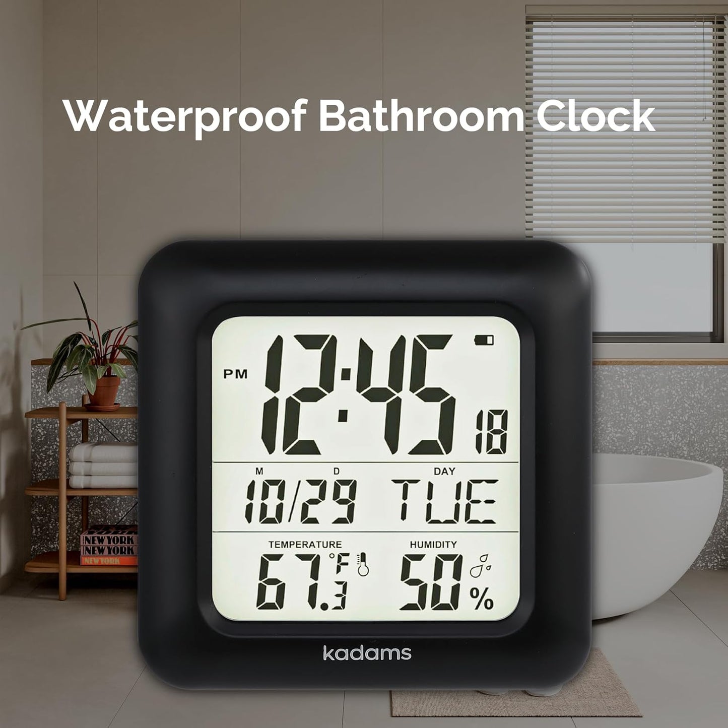 KADAMS Bathroom Clock 9.5" Kitchen Wall Clock with Large LCD Screen – Shower Clock with Suction Cup,Temperature, Humidity, Calendar – Water-Resistant, 4 Mounting Options, Black