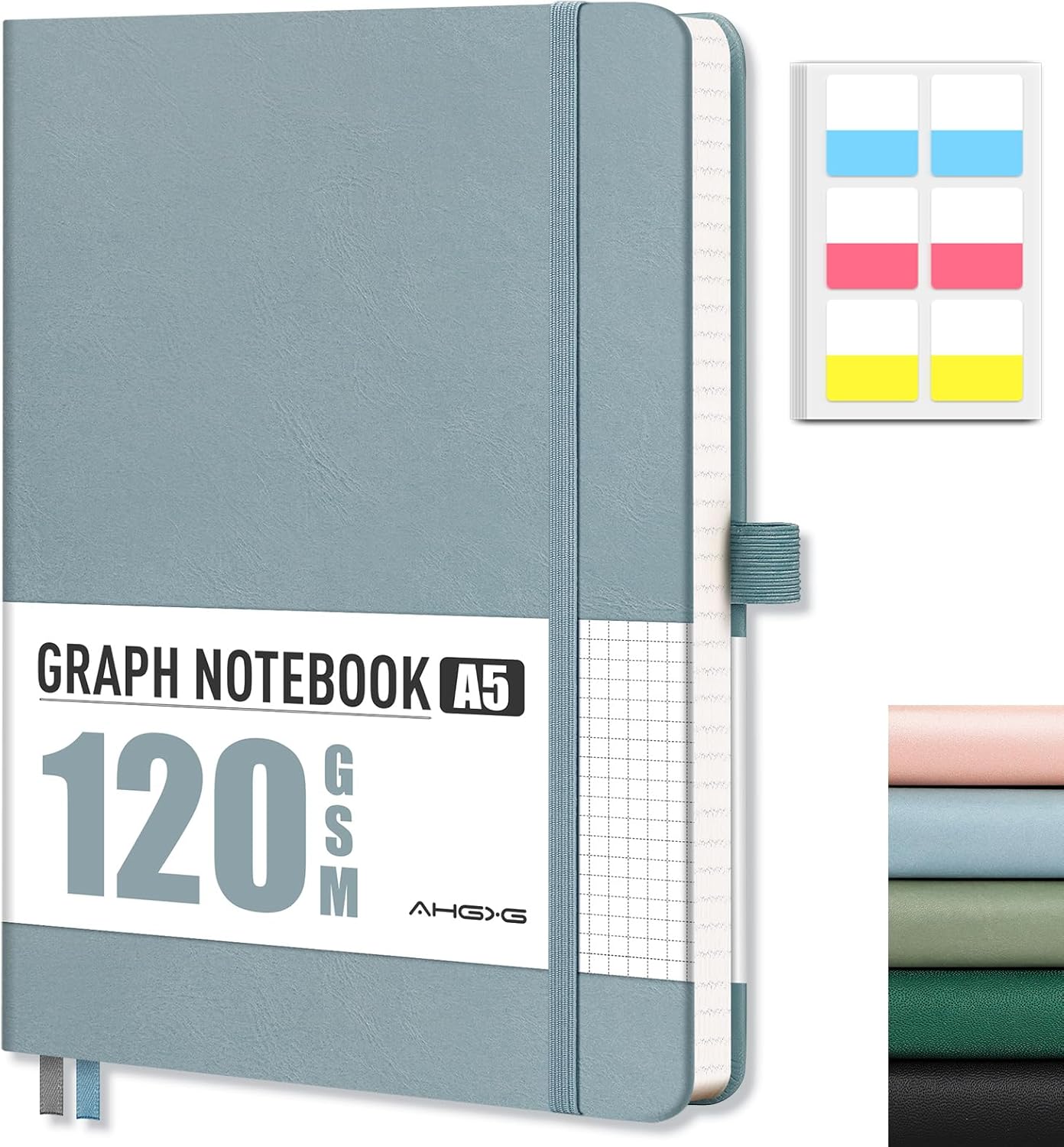 AHGXG Graph Paper Notebook - Grid Notebook Journal A5, 120 GSM Thick Graph Paper, 160 Pages, Leather Hardcover, for Graphing, Writing, Math, Engineering, 5.75'' × 8.38''- Gray Blue