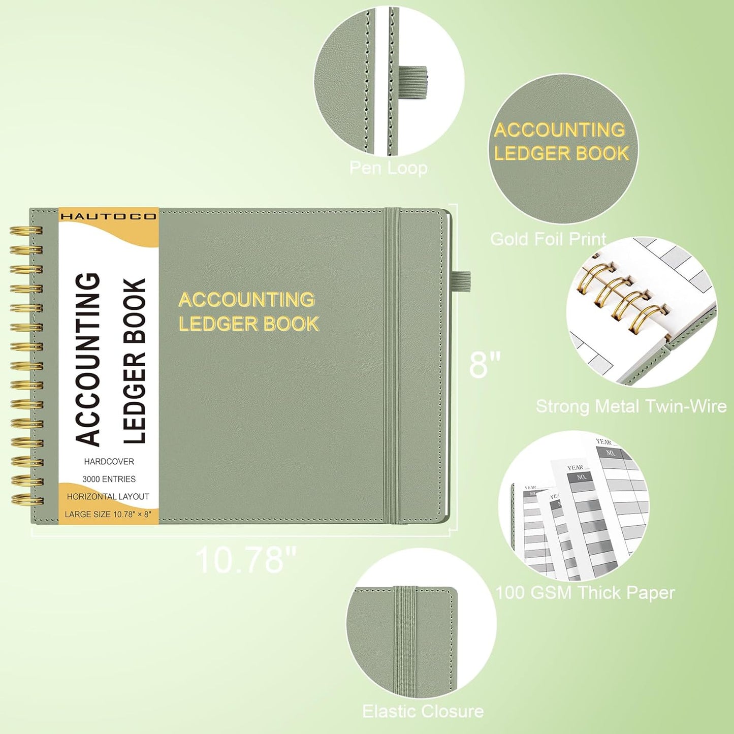 HAUTOCO Hardcover Accounting Ledger Book for Small Business Bookkeeping Horizontal Money Expense Tracker Notebook with 2 Storage Pouch, Personal Columnar Log Journal 10.78 x 8'', Olive Green