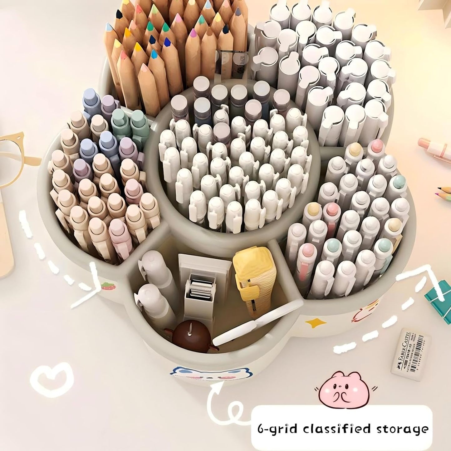 Pen Holder for Desk, 360°Rotating Pencil Pen Holder, Desk Pen Organizer with 6 Slots, Large-capacity Desk Organizer, Pencil Holder for Desk, Office, School, Home Use (Blue)