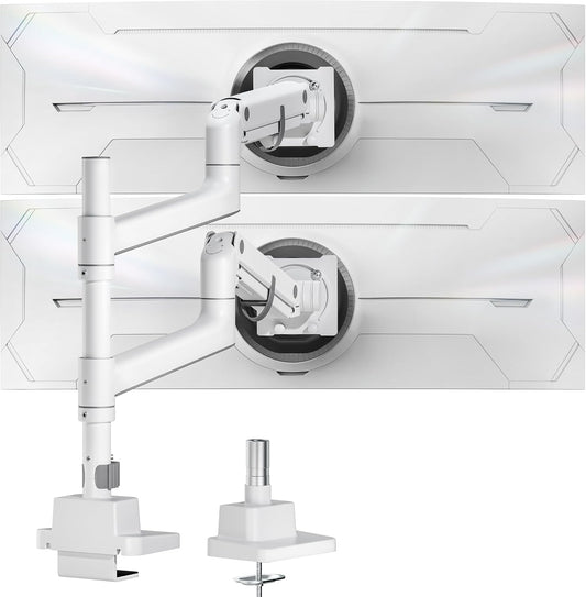 monTEK Dual Monitor Arm for up to 57" and 59.4 lbs Ultrawide Screen, Aluminum Heavy-Duty Gas Spring Vertical Stackable Curved Screen Adjustable Monitor Stand, 75/100mm Vesa Mount, White