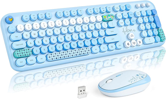 MOFII Wireless Keyboard and Mouse Combo, Cute Retro Typewriter Keyboard and Silent Mouse, 2.4GHz Full Size Computer Keyboard Wireless Mouse Set for PC, Laptop, Desktop, Windows (Blue Colorful)