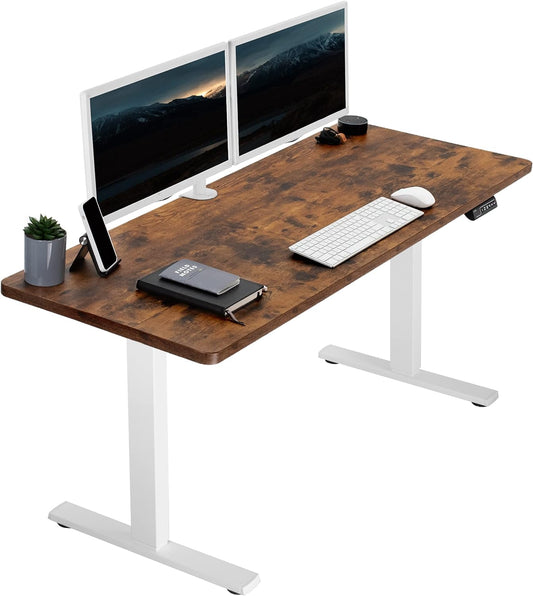 VIVO Electric 60 x 24 in Rustic Standing Desk, Memory Height Adjustment, 1B Series, One-Piece Vintage Brown Top, White Frame, DESK-KIT-1W6N