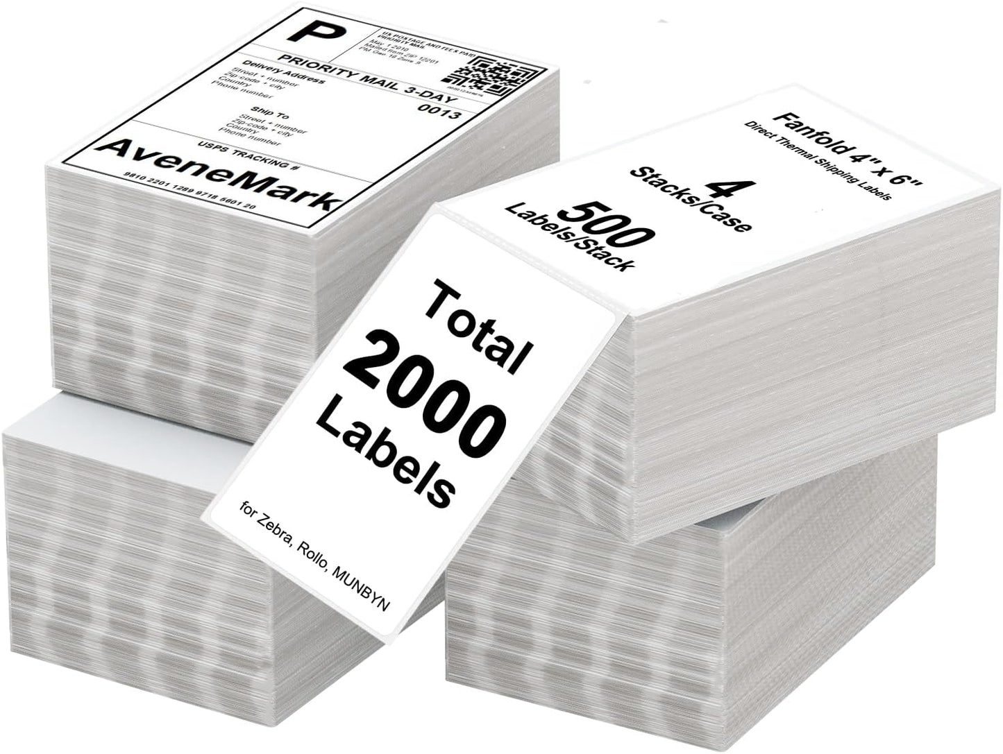AveneMark 4 Stacks 2000 Labels 4" x 6" Fanfold Direct Thermal Labels, Postage Shipping Labels Paper with Perforated, Strong Adhesive Label for Zebra, Rollo, MUNBYN Thermal Printer,500 Labels per Stack
