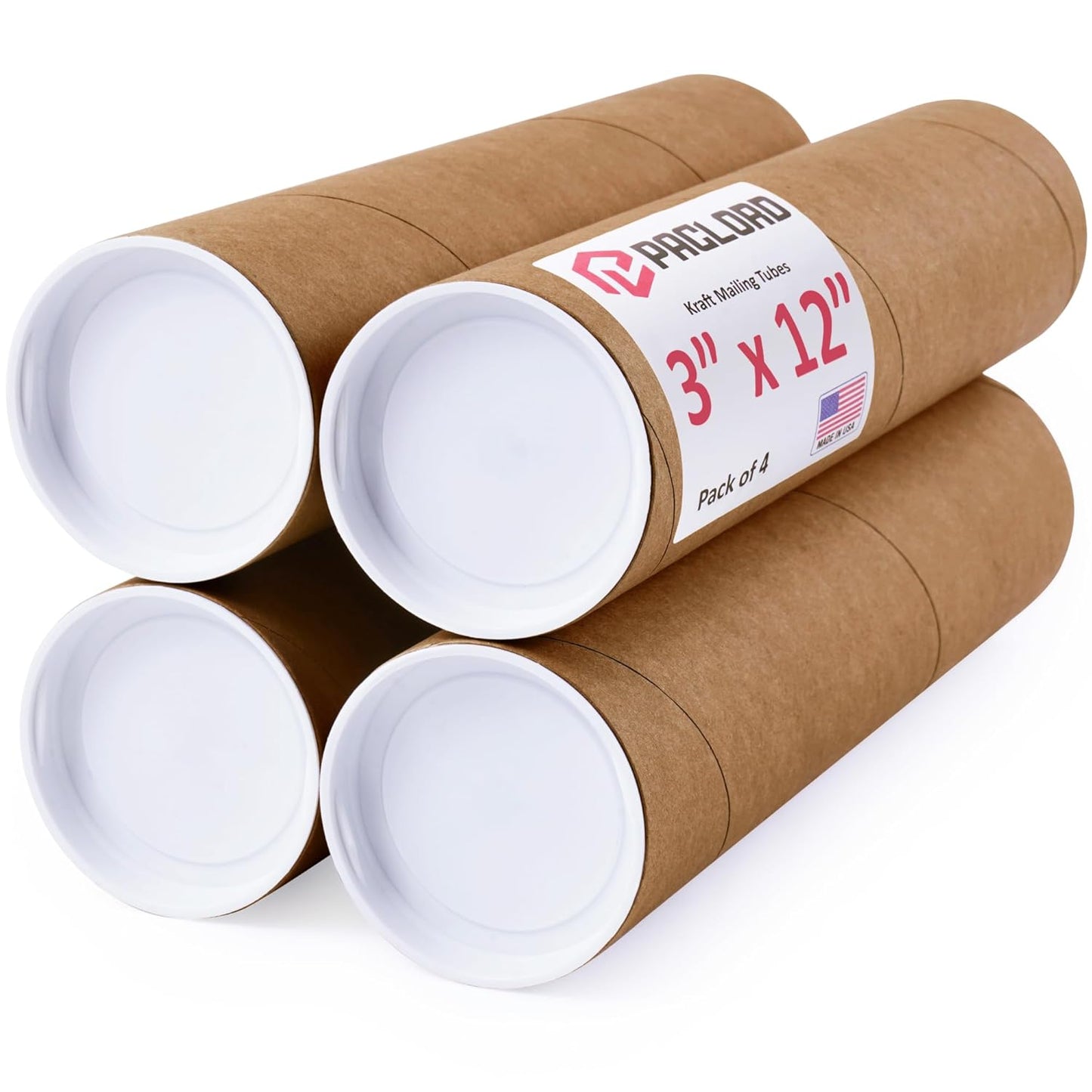 3" x 12" Reinforced Kraft Paper Mailing Tubes, Pack of 4 Tubes with 2 Caps Each – USPS Approved Poster Tube – Made in USA Cardboard Tube for Shipping and Storing Posters, Prints, Artwork, or Documents