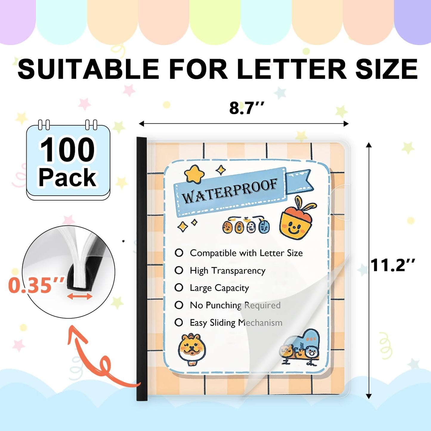 TOTiyea 100 Pack Letter Size Clear Report Covers with Sliding Bars, 9mm (70 Sheet Capacity) Sliding Bar File Folders, Black