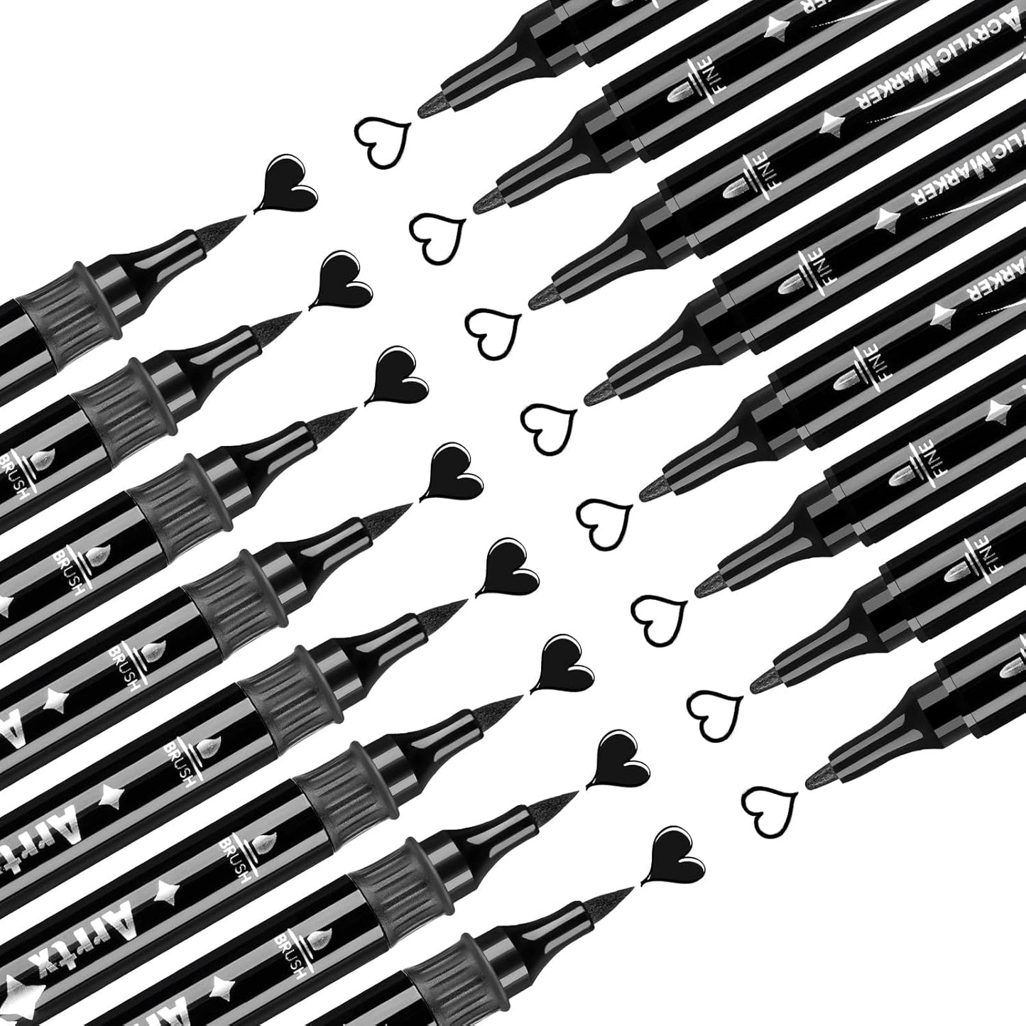 Arrtx Black Acrylic Paint Pens - 8 Pack Brush Tip and Fine Tip (Dual Tip) Black Paint Markers for Rock Painting, Water Based Acrylic Painting Supplies for Drawing, Wood, Canvas, Easter Egg
