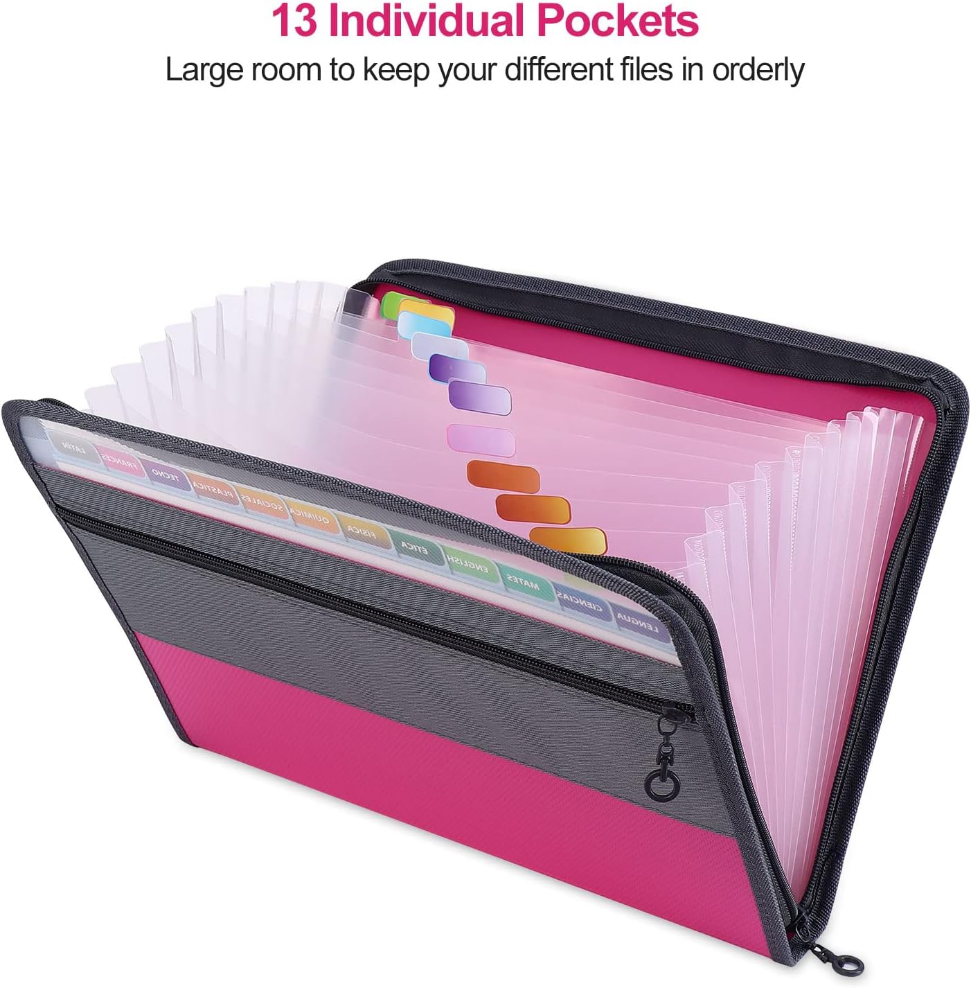 MEGREZ Expanding File Folder with 13 Pockets, A4 Paper File Folder with Zipper Color Labels, Waterproof Accordion File Folder Organizer for Home Office, Pink