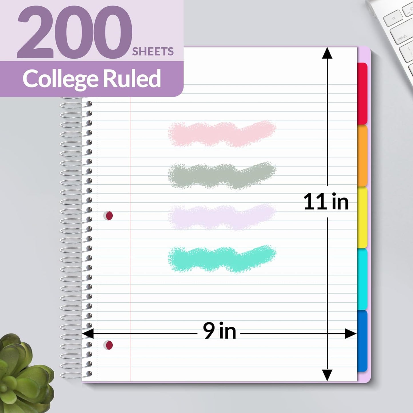 SUNEE 5 Subject Notebook College Ruled - 400 Pages, 9"x11", 5 Pocket Colored Dividers, 3-Hole Punched Paper, Purple