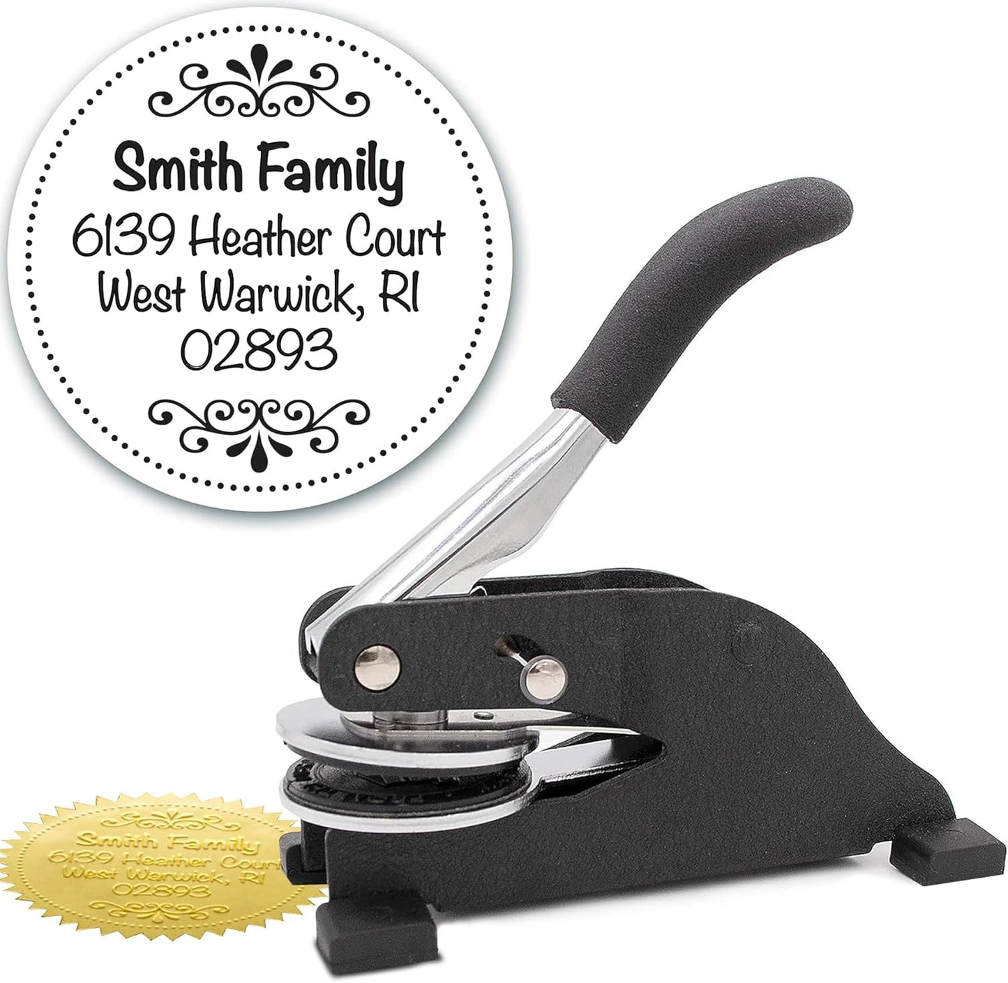 Custom Monogram Address Desk Embosser - Personalized Round Seal with 50 Gold Seal Labels - Style EMD-027