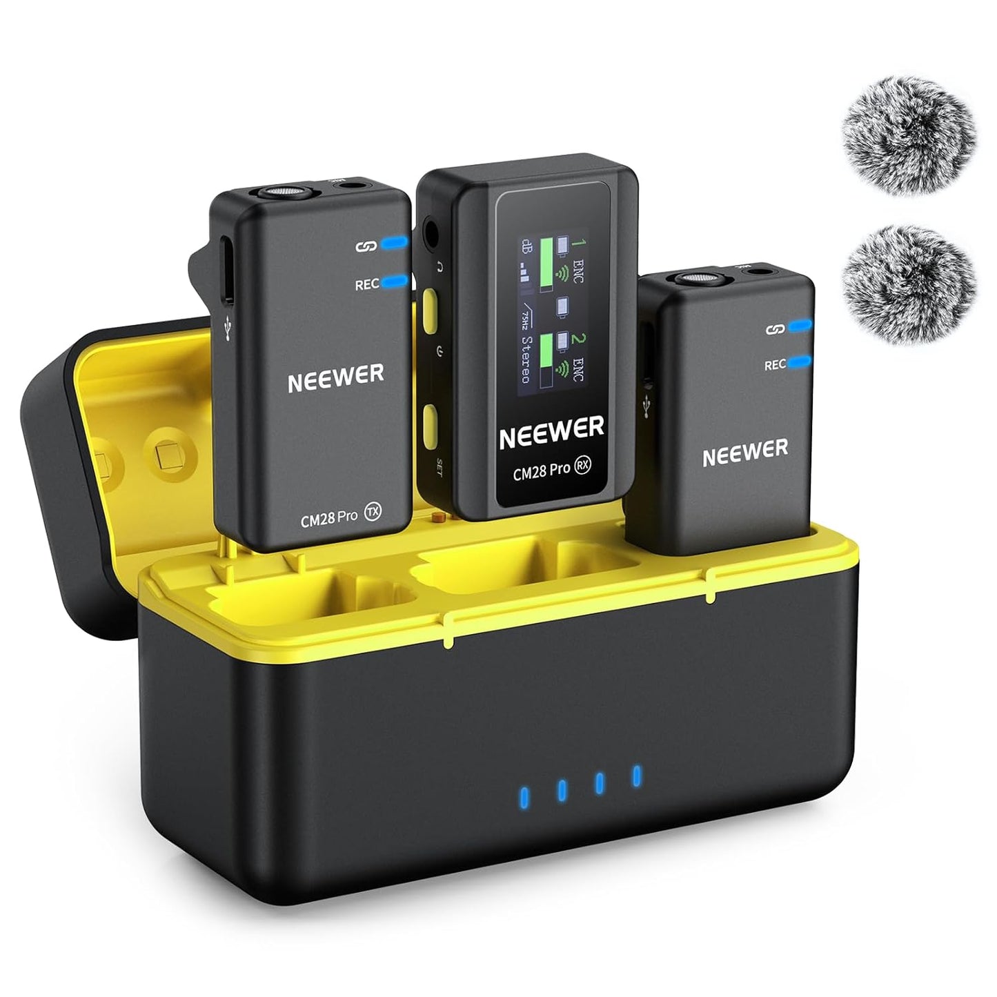 NEEWER CM28 PRO Wireless Lavalier Lapel Microphone System with Charging Case 48KHz 16 Bit Uncompressed Audio Noise Canceling 4GB Storage 9Hrs Recording Compatible with iPhone iPad Android Camera PC