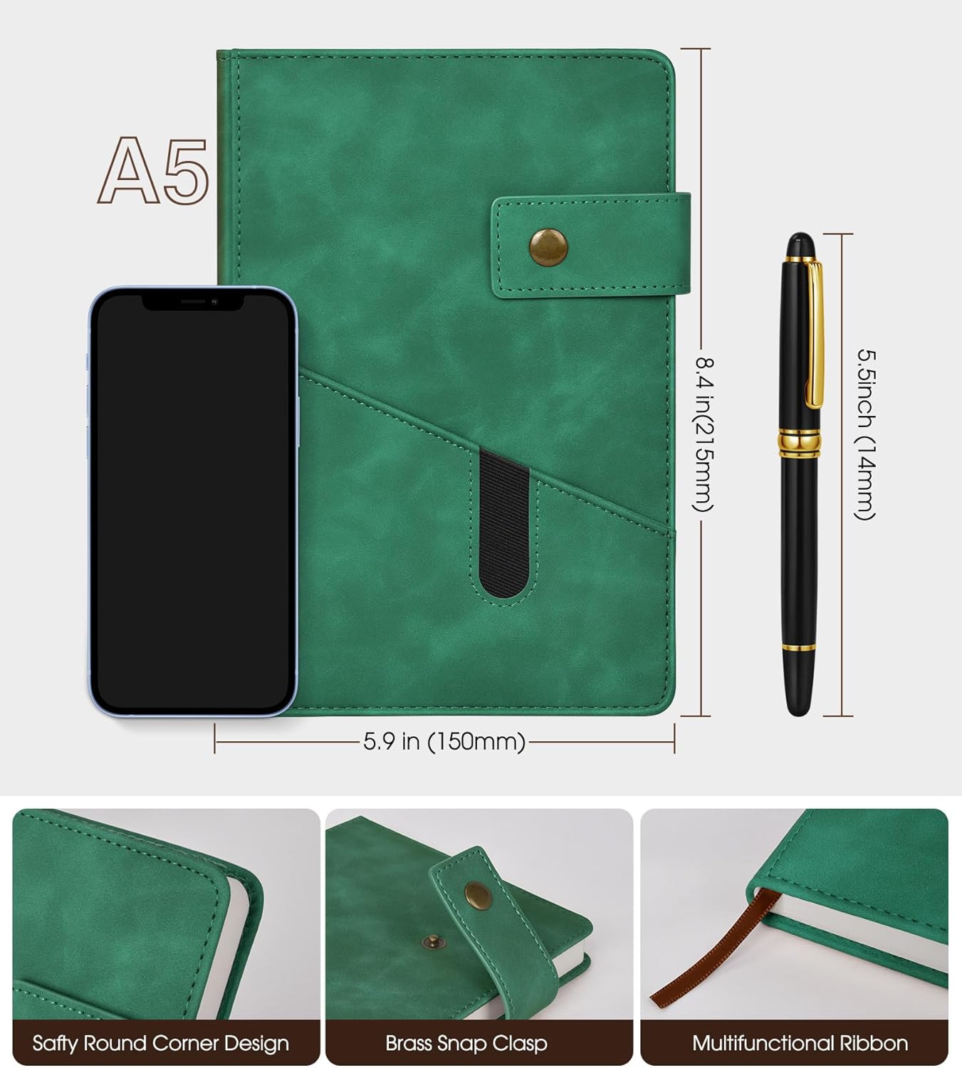Green A5 Lined Leather Journal Notebook for Men Women,5.9" X 8.4" Personalized Hardcover Journal with Pen,200 Pages 100 Gsm Thick Ruled Paper Daily Diary for School,Travel,Work,Writing