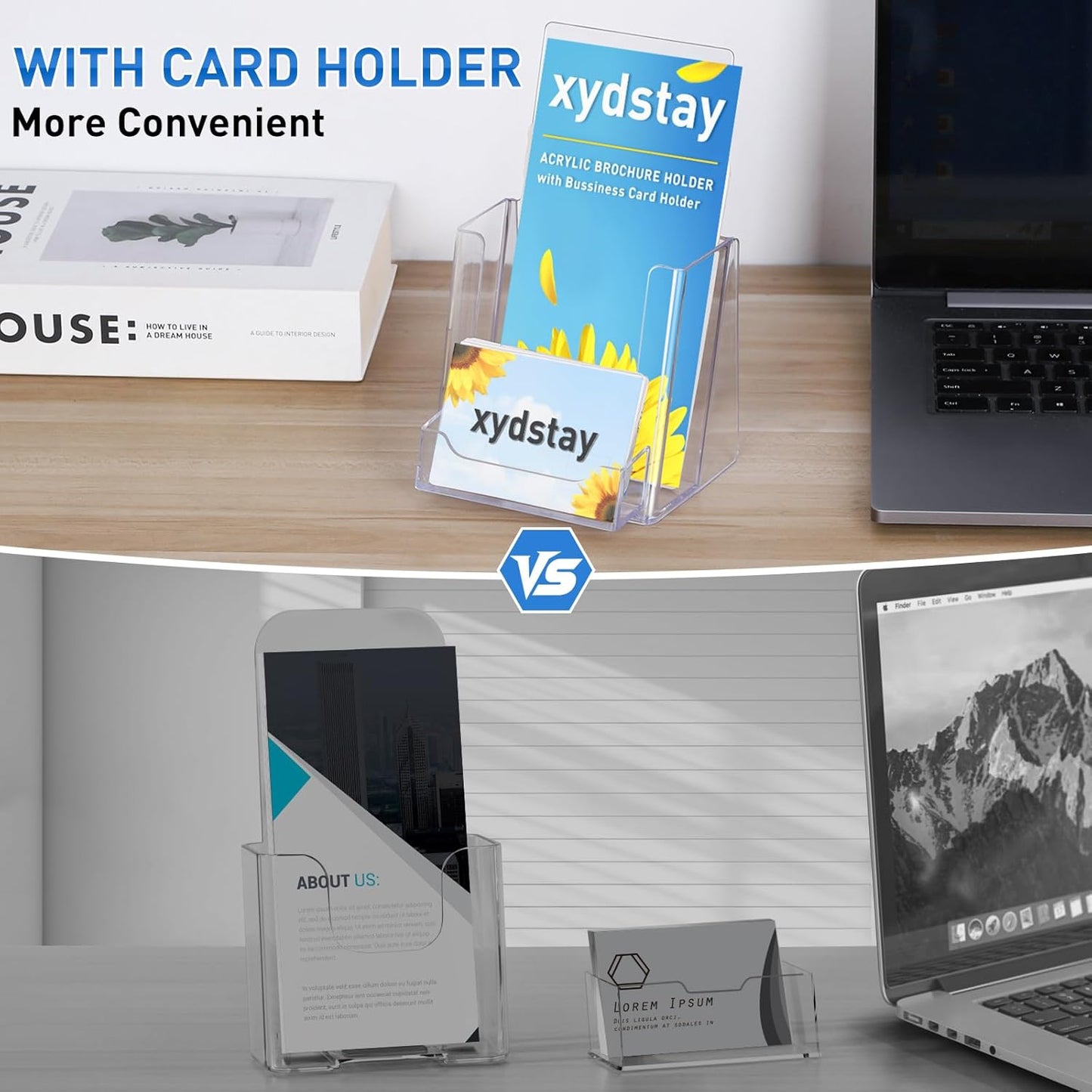 4x9 Acrylic Brochure Holder with Business Card Holder, Clear Display Stand, Plastic Table stand Sign Holder, Pamphlet Holder Flyer Holder, Acrylic Display Stand for Office, Home, Store, 2 Pack