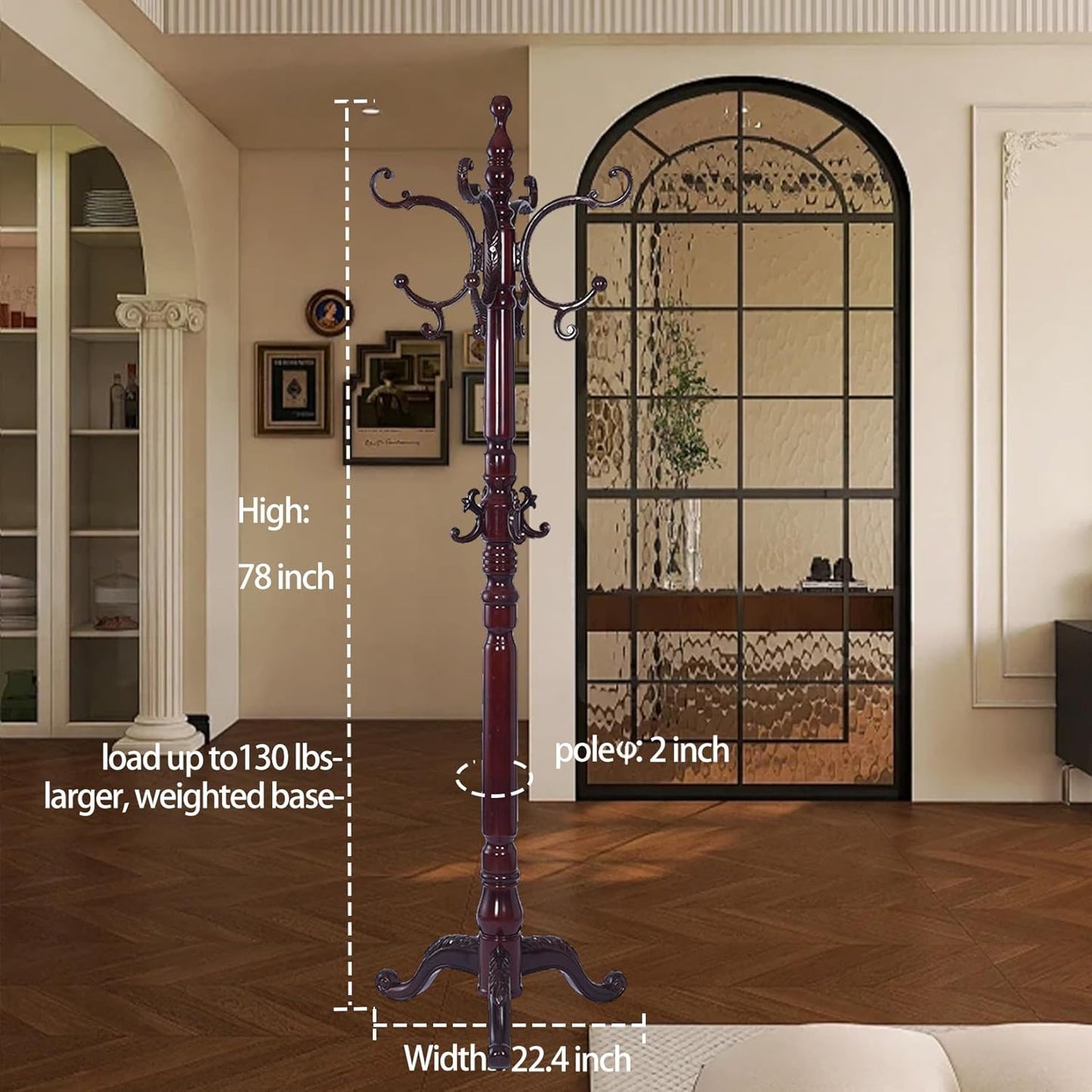 Wooden Coat Racks, Retro 78" Coat Tree with 14 Hooks & Stable Triangular Base, Entryway Coat Rack Freestanding for Hat, Clothes, Scarves, Handbags, Umbrella (Mahogany)