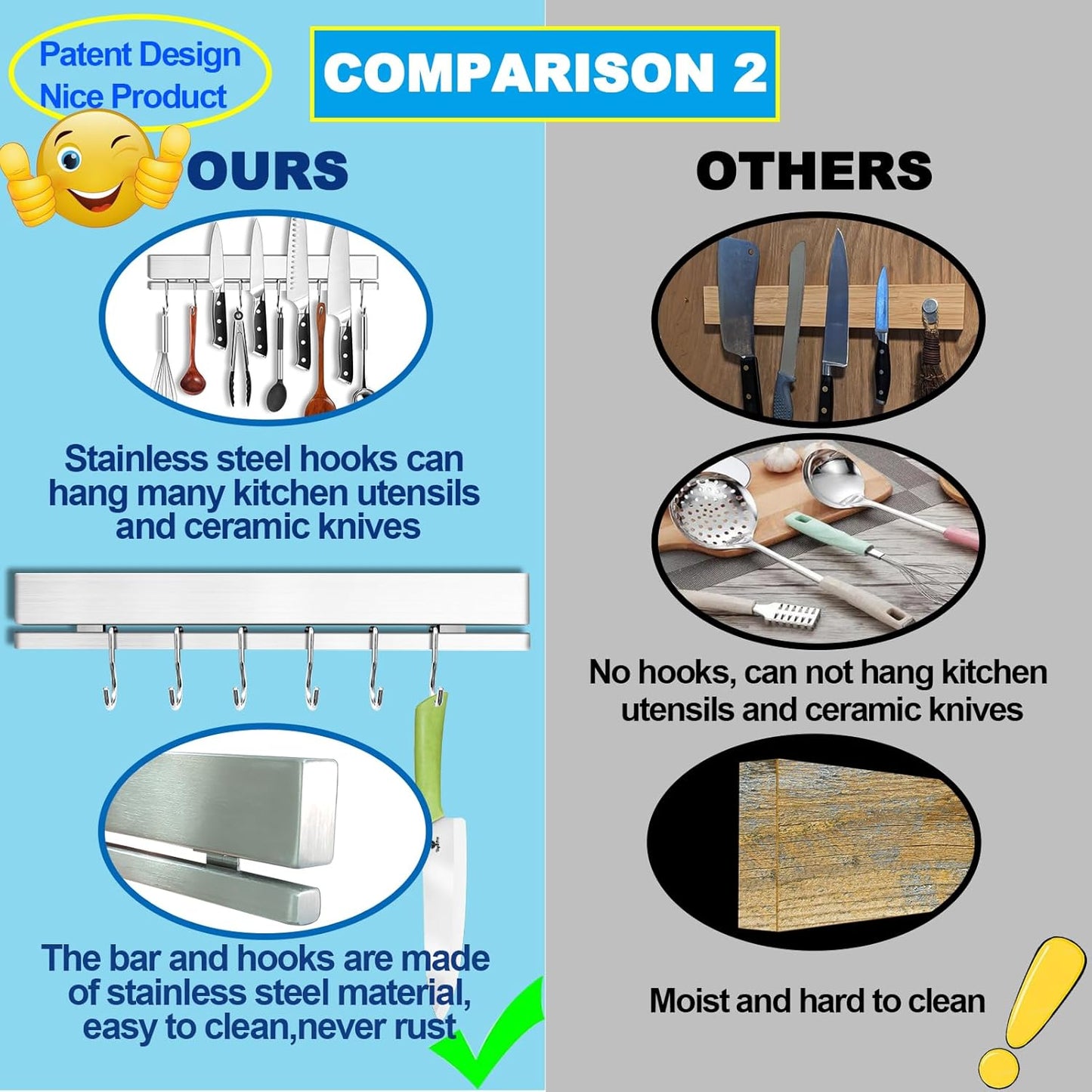 YIIYIIN 12" Premium 304 Stainless Steel Double-Sided Magnetic Knife Holder for Wall or Fridge -with Adhesive Strip, No Drill -6 Hooks Included for Kitchen Utensils