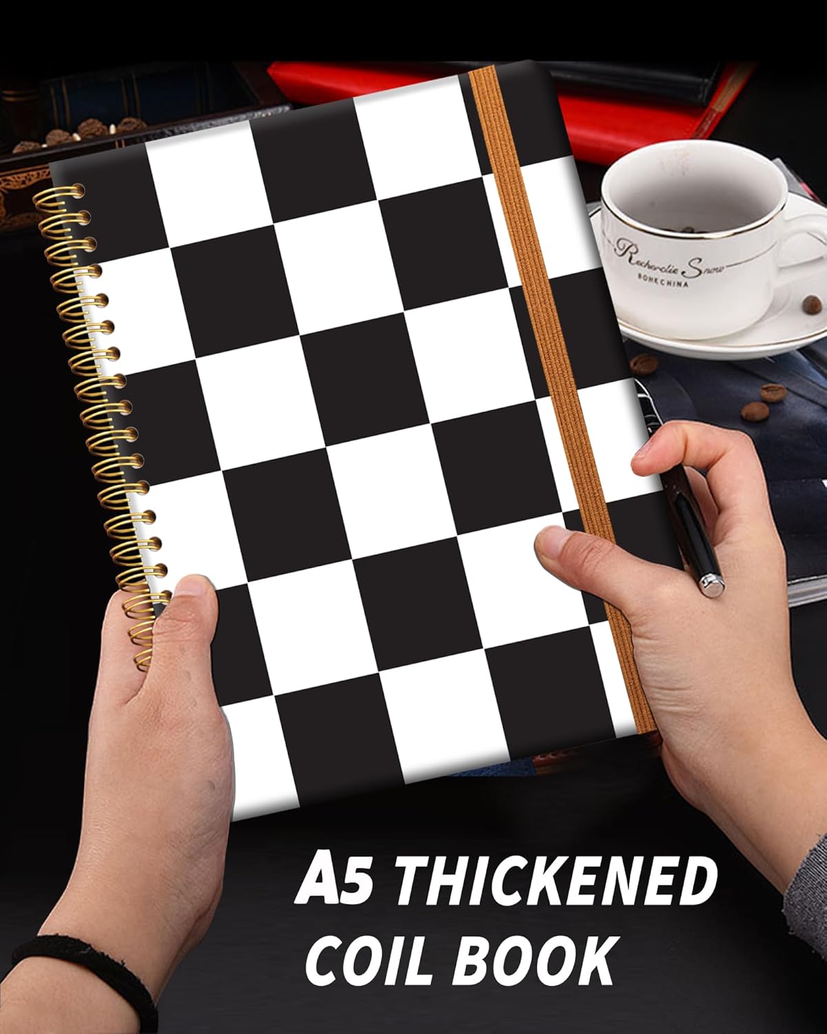 Ruled Spiral Writing Notebook,A5 Hardcover Lined College Journal for Women Lady,Fashion Puppy Watercolor Strong Twin-Wire Binding with Premium Paper,8.4" X 6",Perfect for School,Office,Home Gifts(Black White Checker)