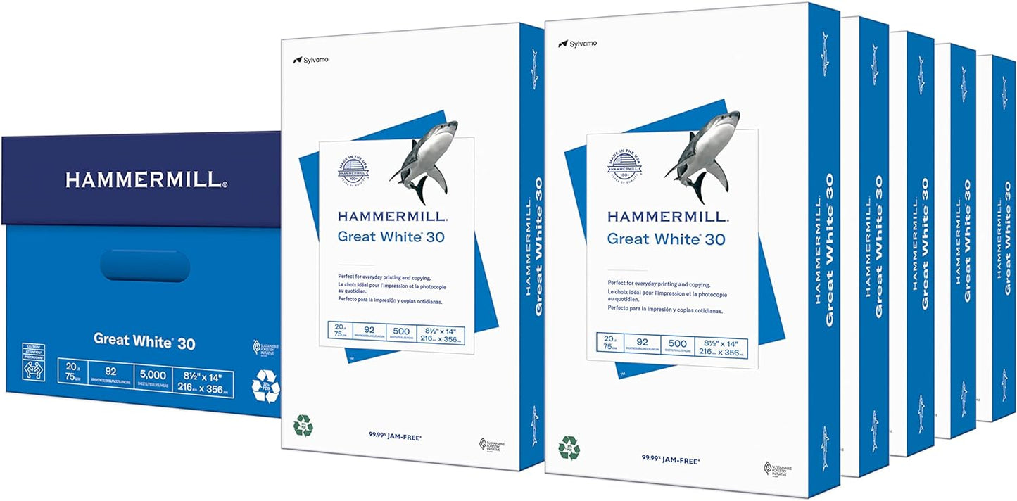 Hammermill Printer Paper, Great White 30% Recycled Paper, 8.5 x 14 - 10 Ream (5,000 Sheets) - 92 Bright, Made in the USA, 086704C
