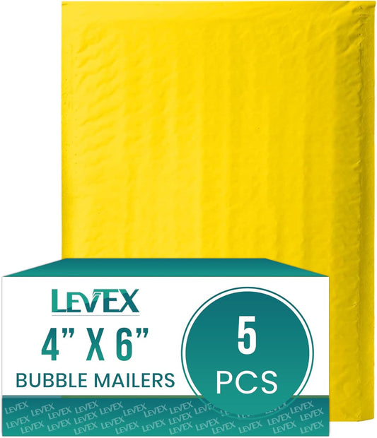 Levex - #0000 4" x 6" [5 Pack] Yellow Poly Bubble Mailers, Padded Envelope Mailers, Packing Envelope & Mailing Bags for Shipping