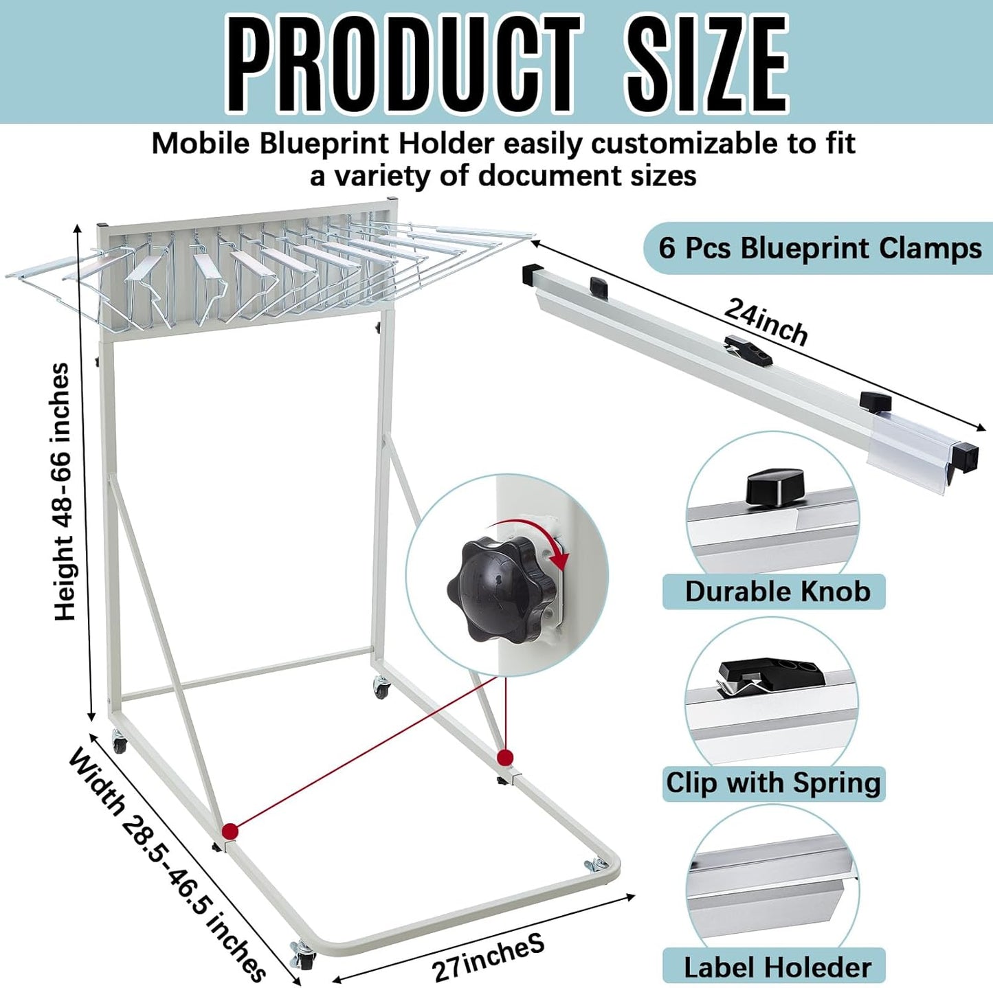 Estune Mobile Blueprint Holder Rack, Adjustable Mobile Blueprint Holder with 6 24 in Hanging Clamps 4 Wheels Poster Display Rack Storage Organizer Stand for File Display Plan Office Home(Silver)