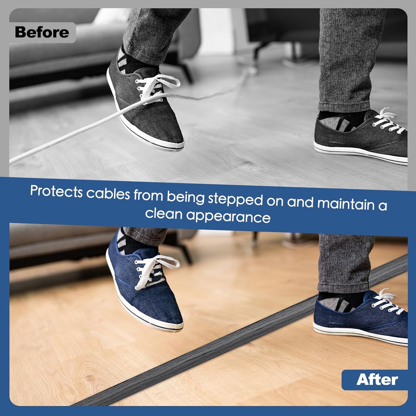 Floor Cord Cover for Wires on Floor Self Adhesive Cord Hider Floor Cable Management Wire Covers for Cords Protector Prevent Cable Trips Cord Cavity W 0.59" x H 0.31", Deep Gray Wood, 3.3Ft