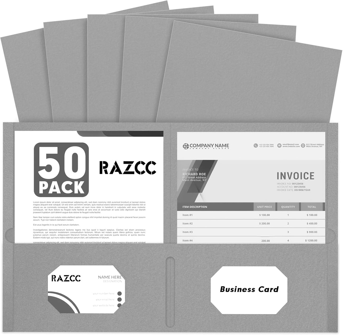 Two Pocket Folders, RAZCC 50 Pack 2 Pocket Folders Fit Letter Size Paper, Paper Folders with Pockets for School Office Business Home, Grey