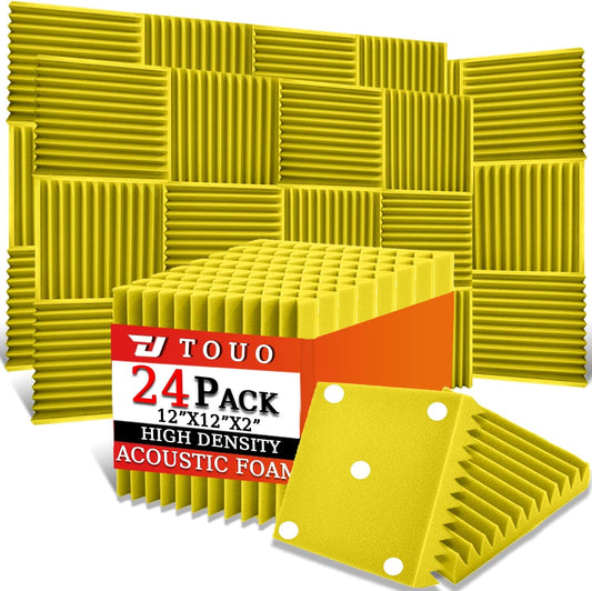 24 Pack Acoustic Panels – Sound Proof Foam Panels for Wall 12"x12"x2", Flame Retardant Wedge Acoustic Foam, High-Density Sound Absorbing Panels for Home Studio(Yellow, 2" Thick 24 Pack)