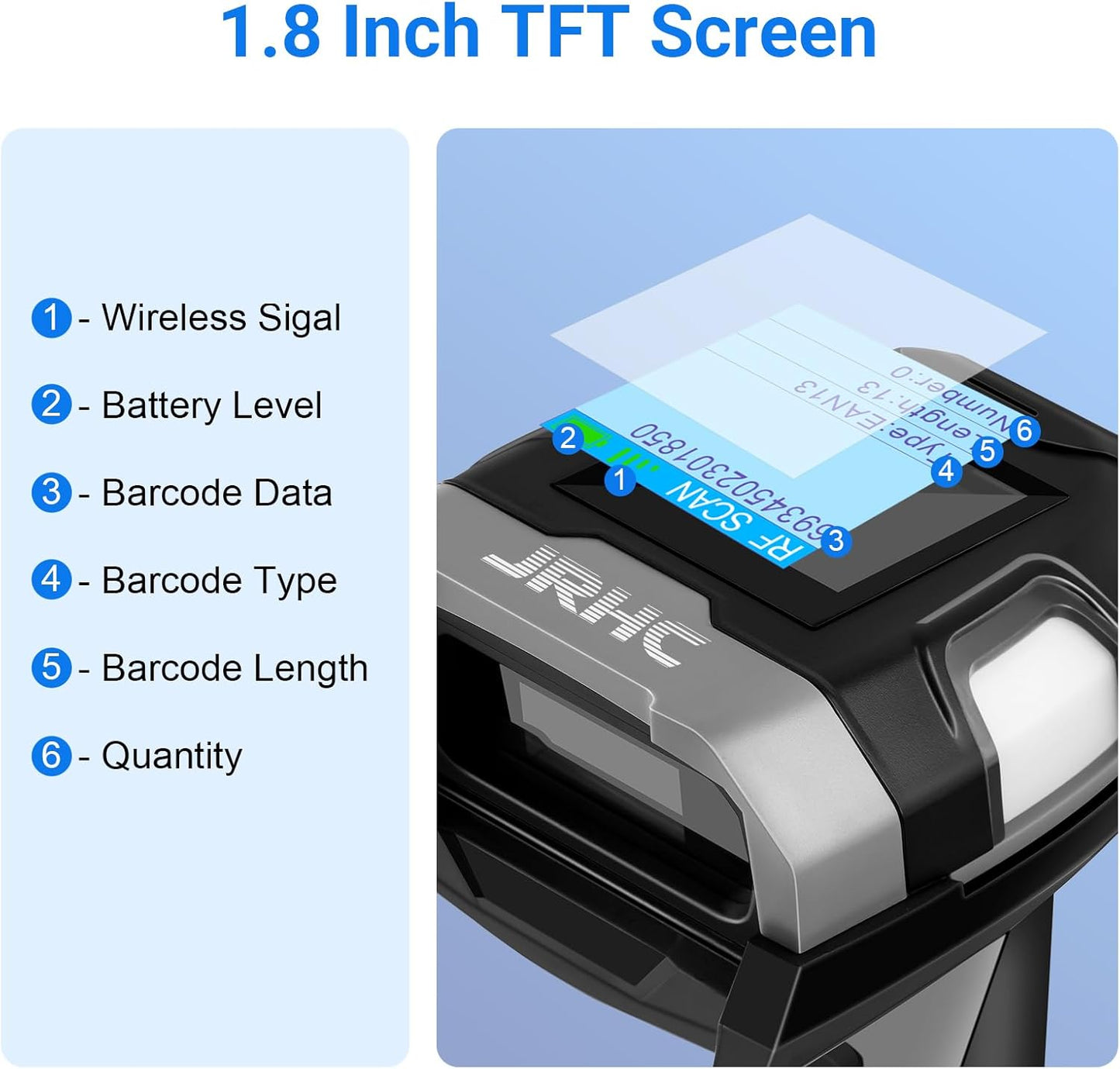Barcode Scanner Wireless, JRHC Industrial 1D Laser Bar Code Scanners 2 in 1 Plug and Play Rugged Heavy Duty & IP65 Waterproof, Long-Distance Wireless Handheld Barcode Reader with 1.8" Screen