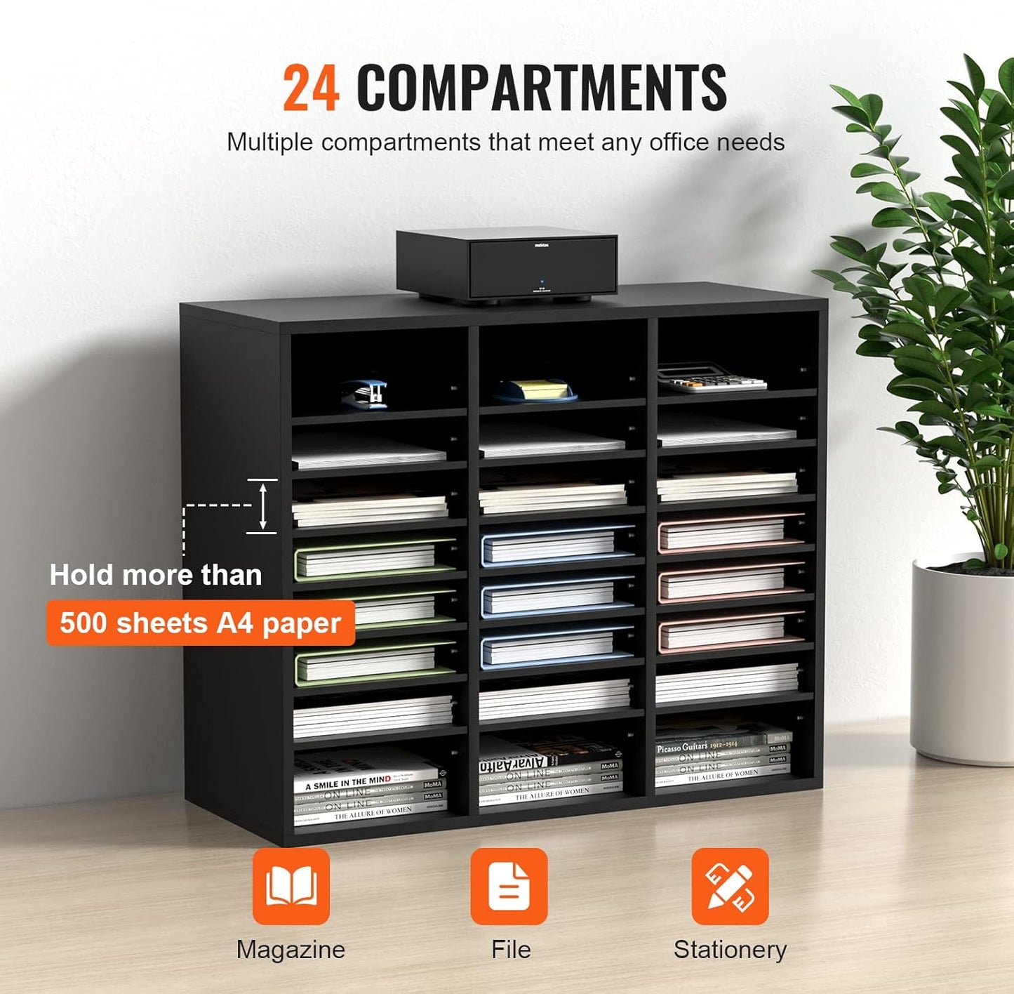 VEVOR Literature Organizers, 24 Compartments Office Mailbox with Adjustable Shelves, Wood Literature Sorter 29x12x24.4 inches for Office, Home, Classroom, Mailrooms Organization, EPA Certified Black