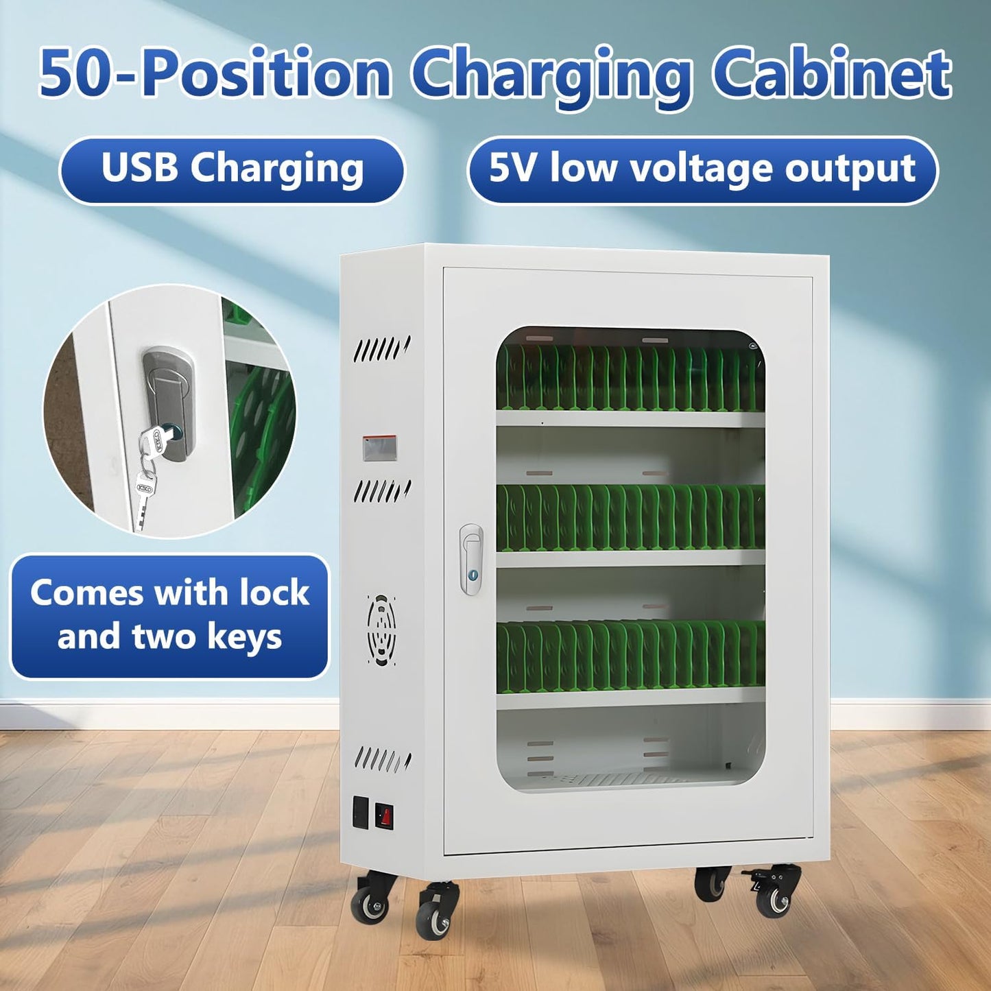 Mobile Charging Cabinet for Cell Phone, 50 Device Charging Station, USB Charging Cart Locker, with Wheels & Combination Lock, Secure Phone Storage Cabinet (50Slots)