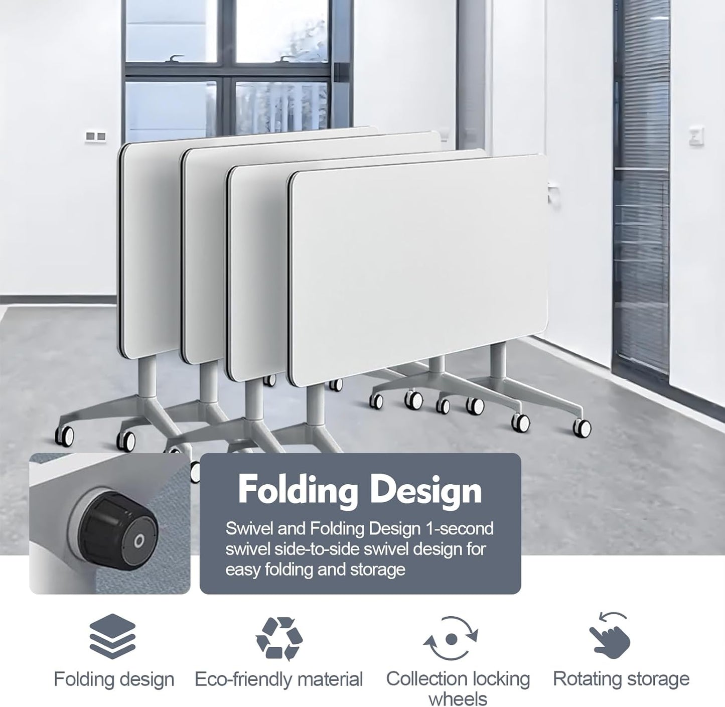 Folding Conference Room Table, Modern Mobile Training Table with Wheels, White Foldable Seminar Meeting Tables for Office Corporations (2pack 55.1in)