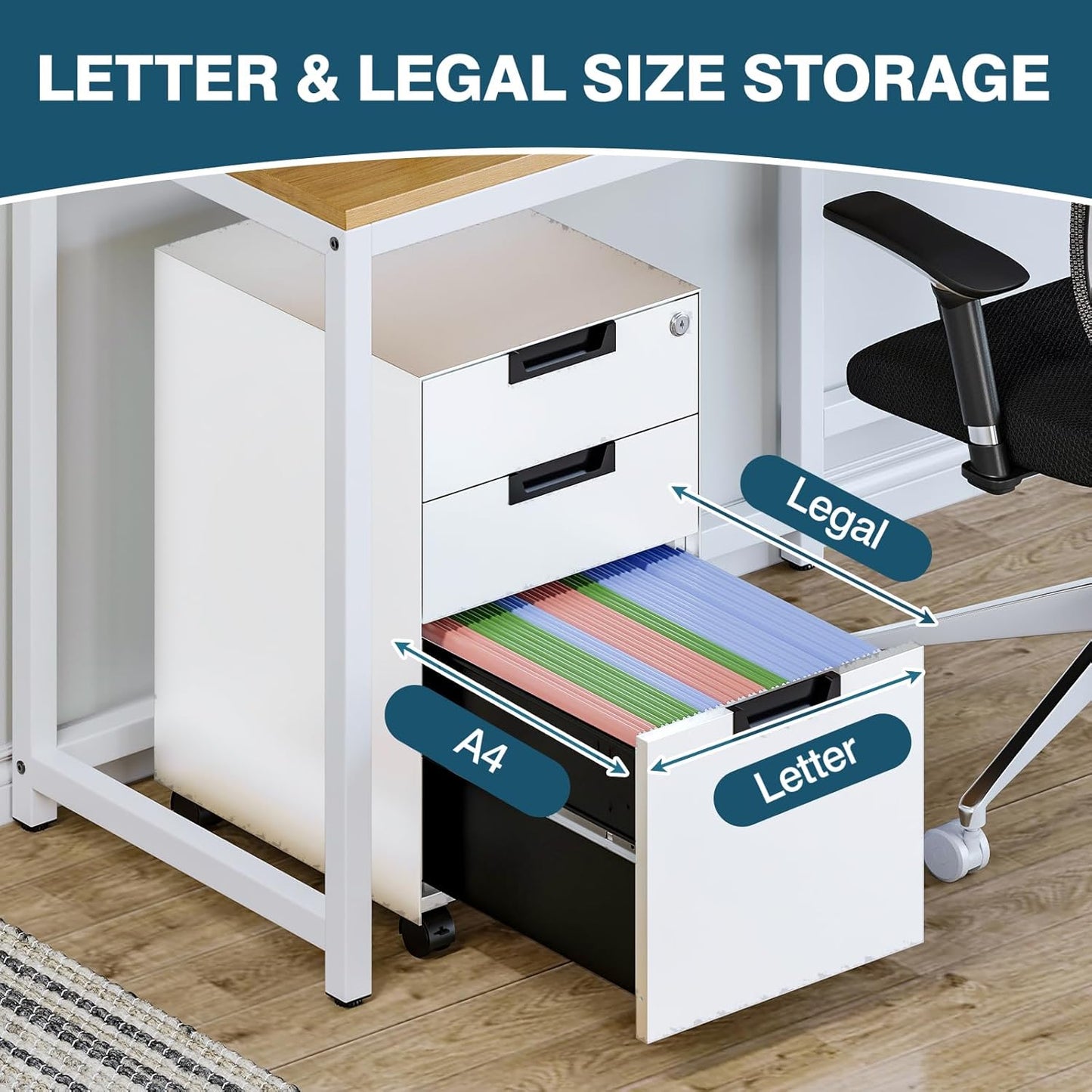 MIIIKO 3 Drawer Filing Cabinet with Lock, Metal Vertical File Cabinets for Home Office, Full Assembled File Cabinets Under Desk, Letter/Legal/A4 File Folders Storage