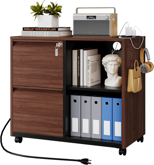 Letaya Mobile 2 Drawer File Cabinet with Lock, Metal Lateral Printer Stand Filing Storage Cabinets with Shelves for Home Office-A4/F4/Letter (Charging Socket)