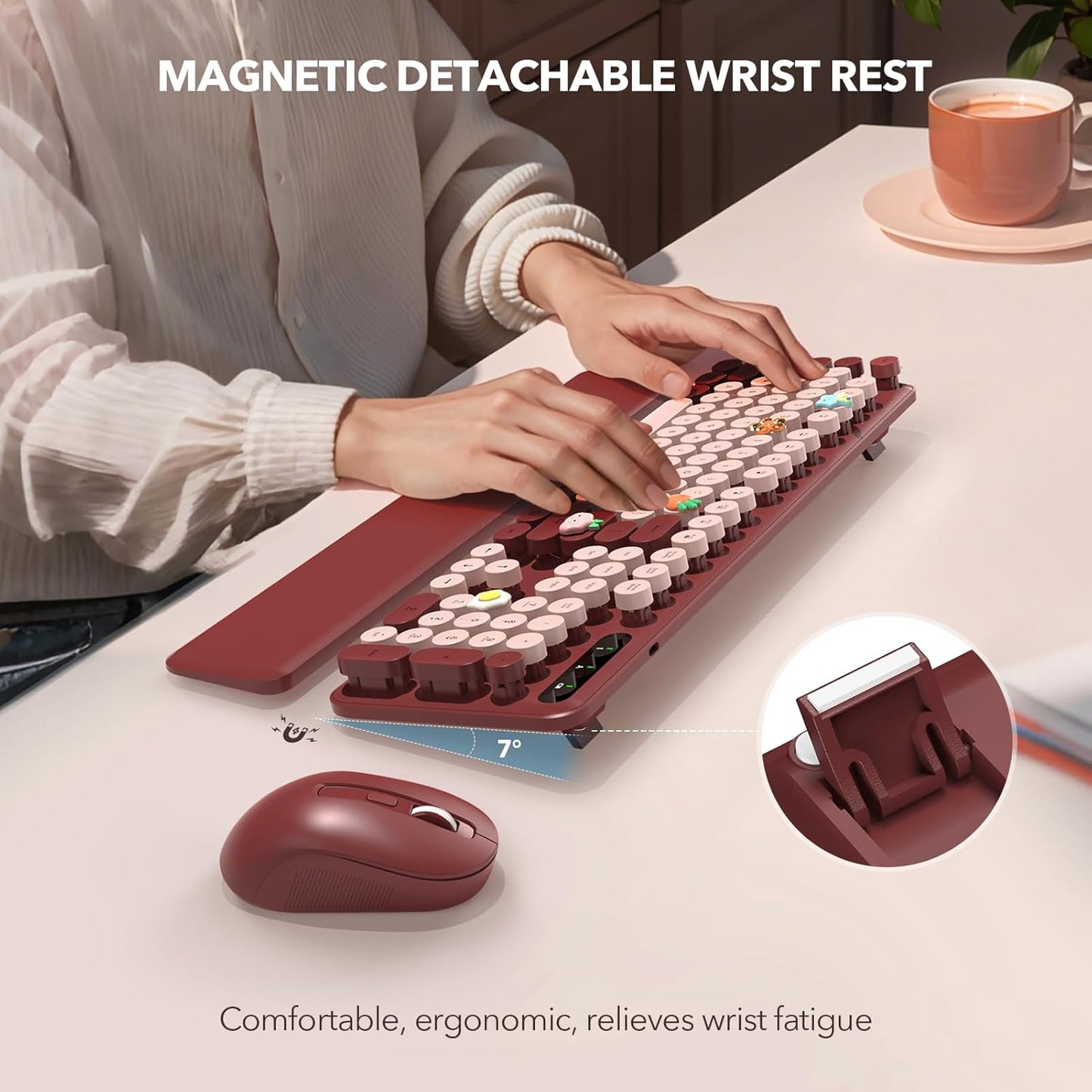 Wireless Keyboard and Mouse Combo - Retro Keyboard with Round Keycaps, Full-Size Typewriter Keyboard with Detachable Wrist Rest, 2.4GHz Connection for Mac/Windows/PC (Wine Red)